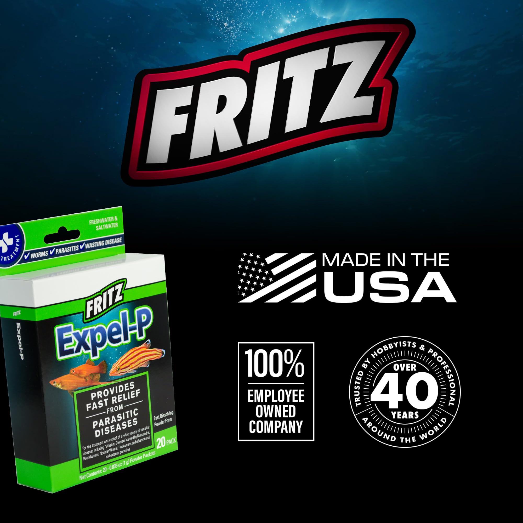 Fritz Aquatics Expel-P 20-count package on a clean surface ready for use.