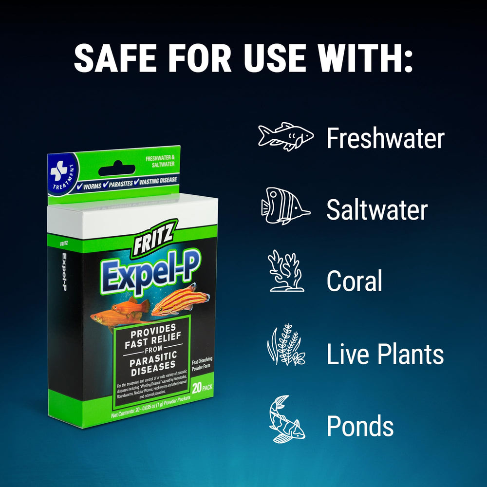 Fritz Aquatics Expel-P packaging with 20-count displays convenient quantities.