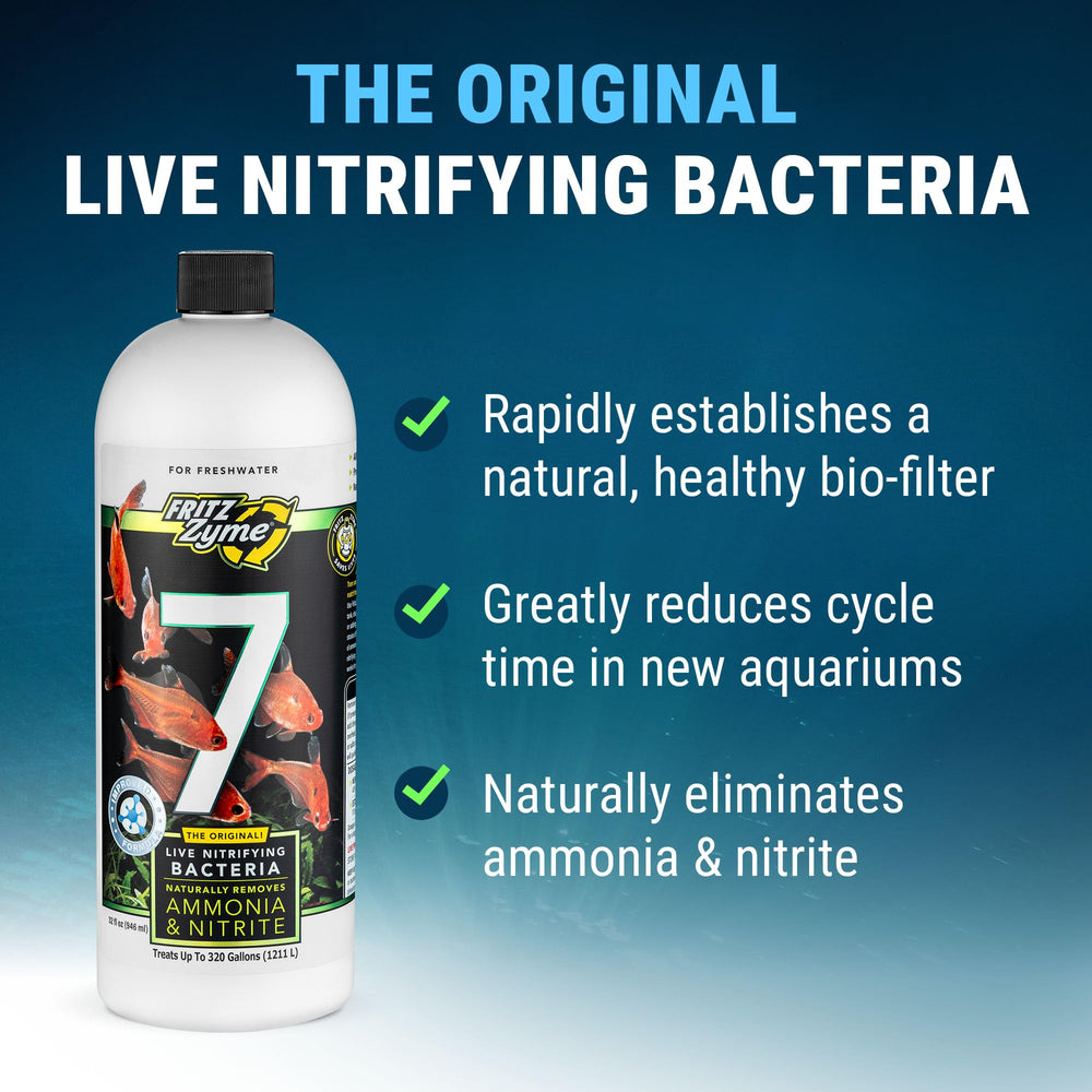 Fritz Aquatics FritzZyme 7 label closeup highlighting buffered shelf-life.