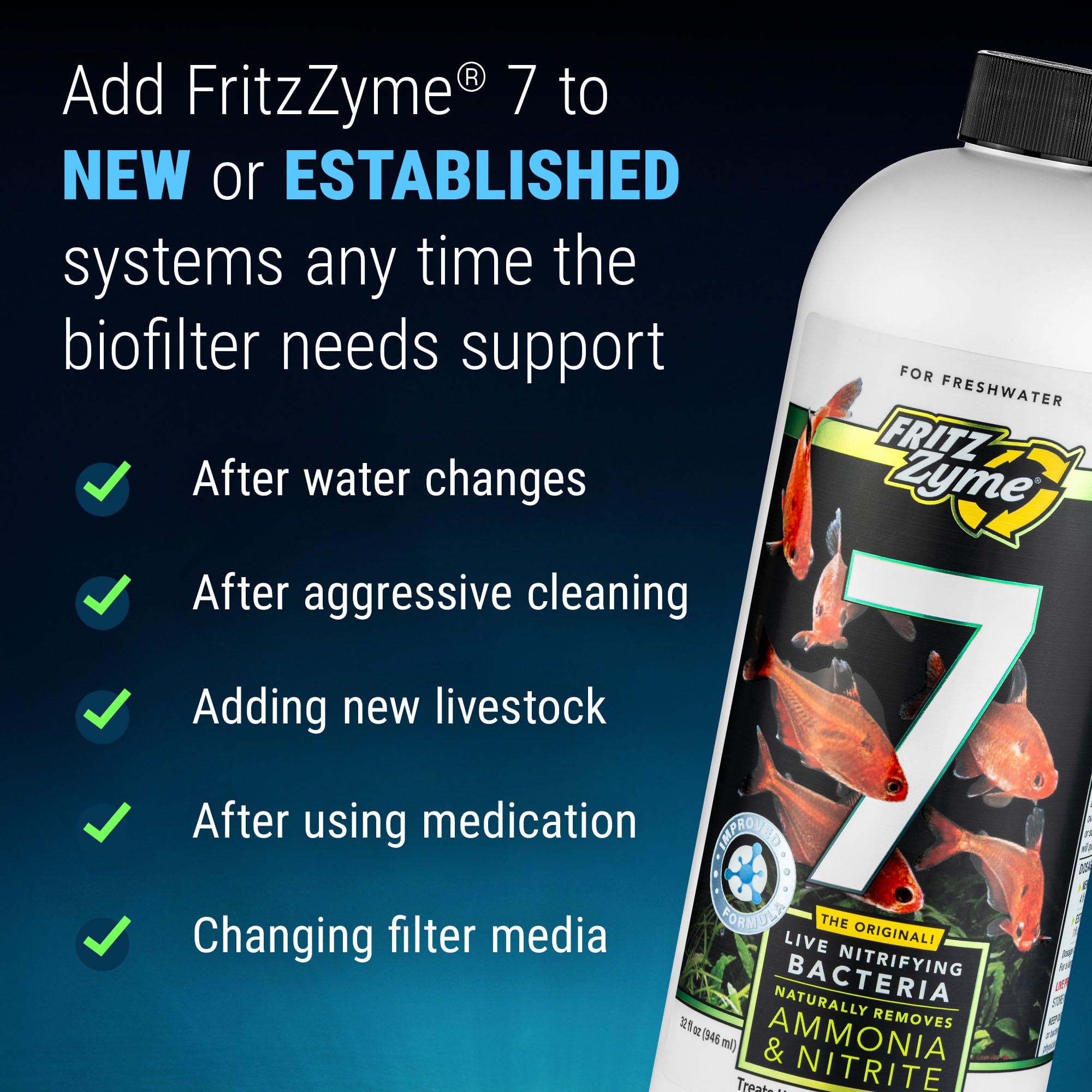 Fritz Aquatics FritzZyme 7 on shelf indicating long-term readiness.
