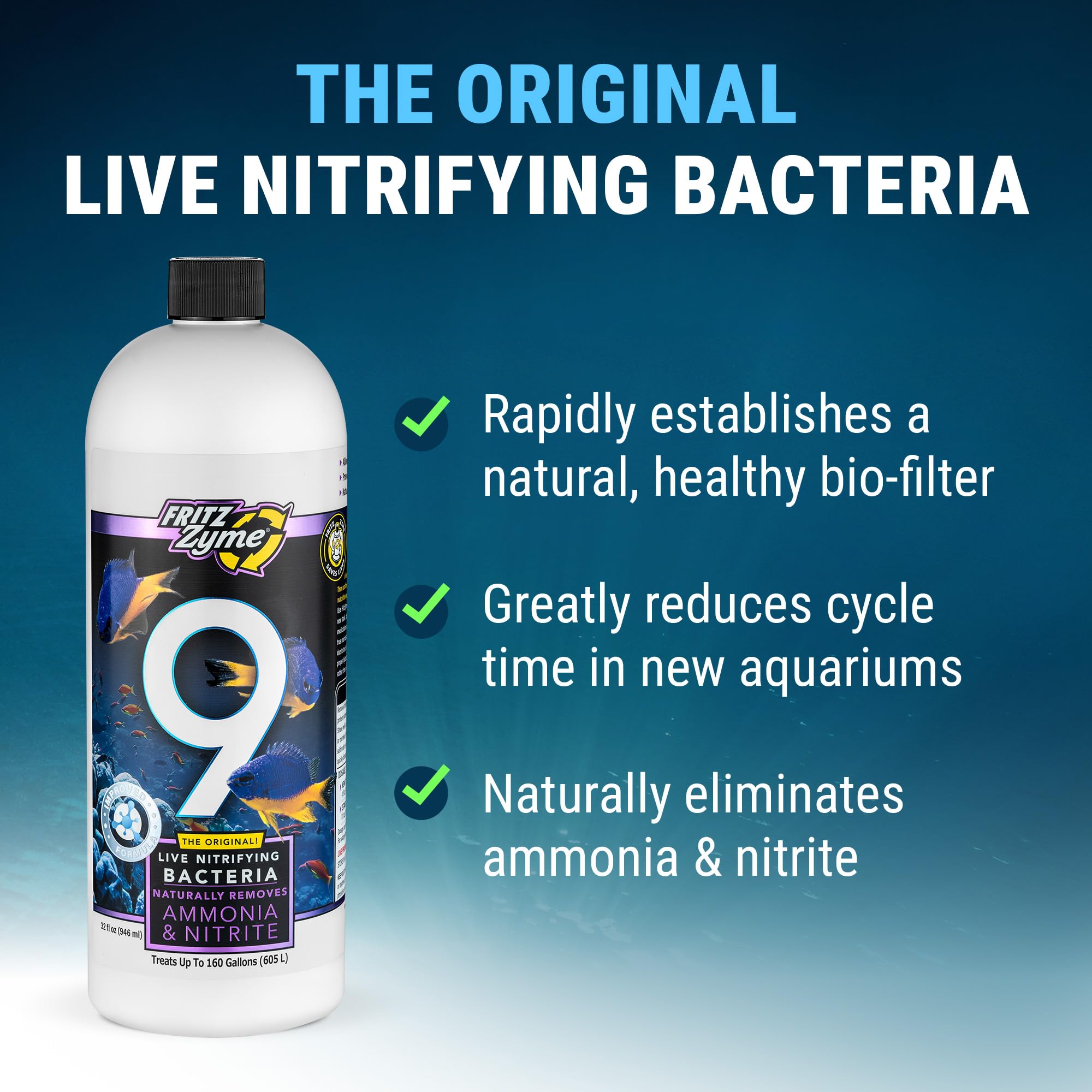 FritzZyme 9 label detail highlighting saltwater-specific nitrifying bacteria.