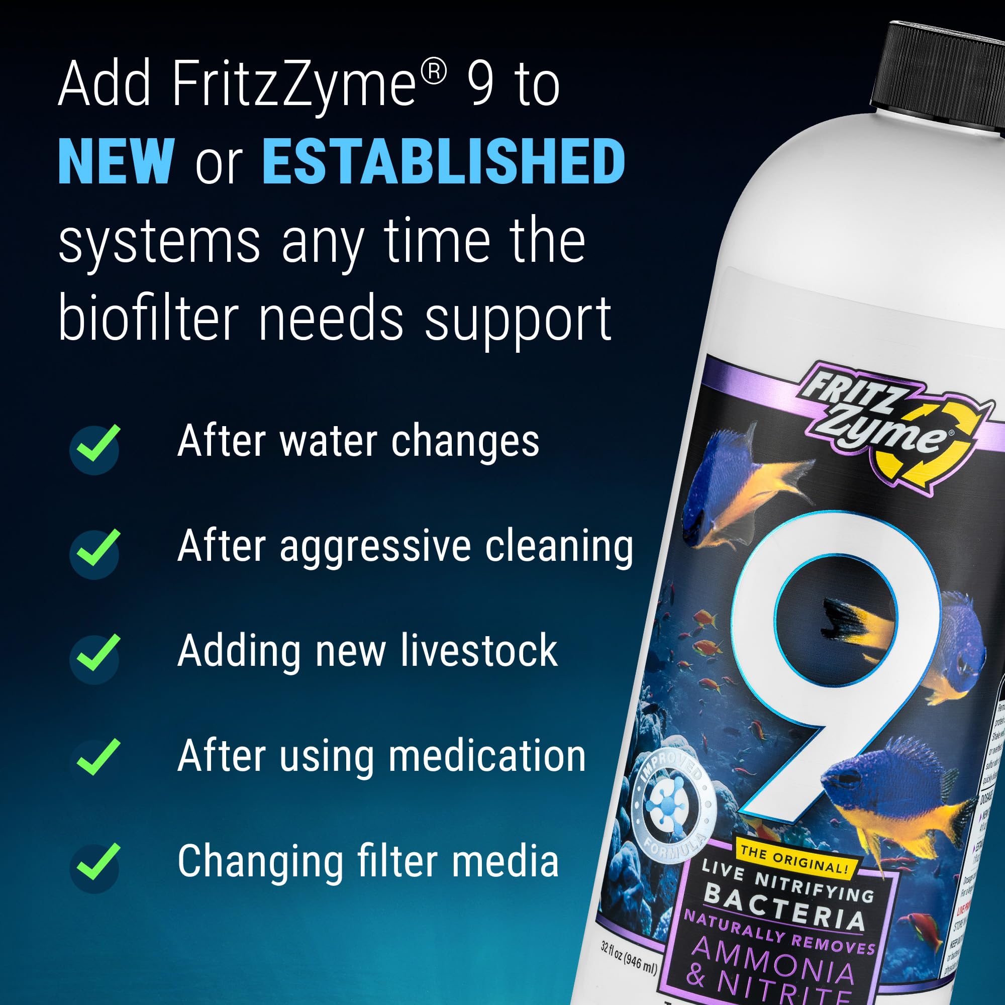 FritzZyme 9 tank ready image illustrating quick livestock addition.