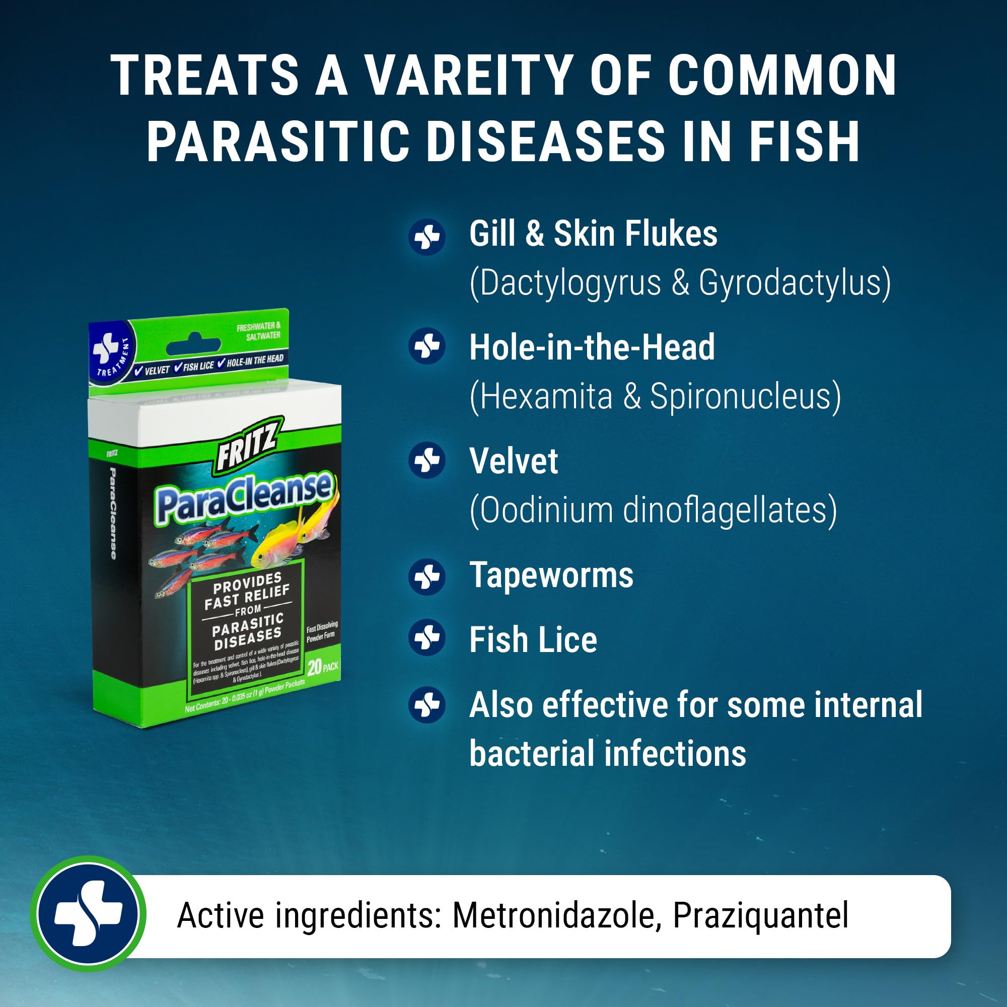 Fritz ParaCleanse pre-measured packets simplify dosing for freshwater and saltwater.