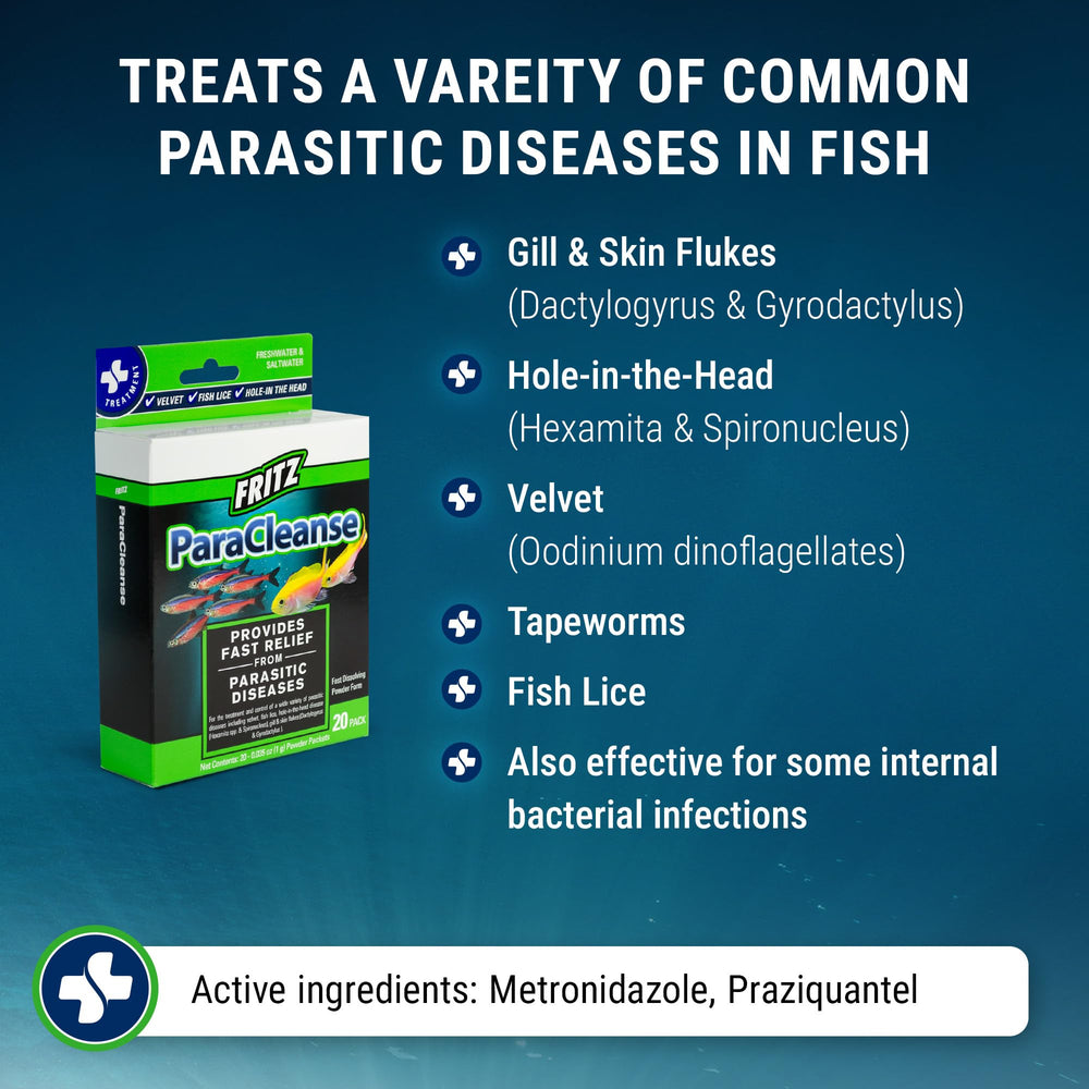 Fritz ParaCleanse pre-measured packets simplify dosing for freshwater and saltwater.