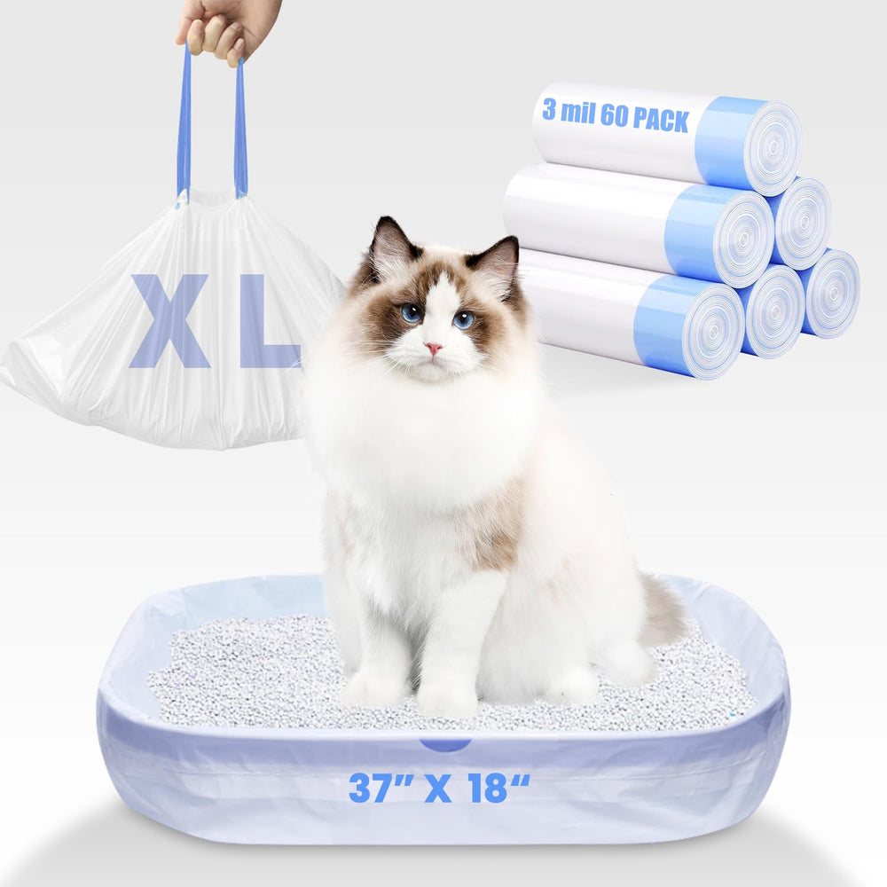 Frnoip 60-pack jumbo cat litter bags packaging shows heavy-duty liners for spill-free changes.