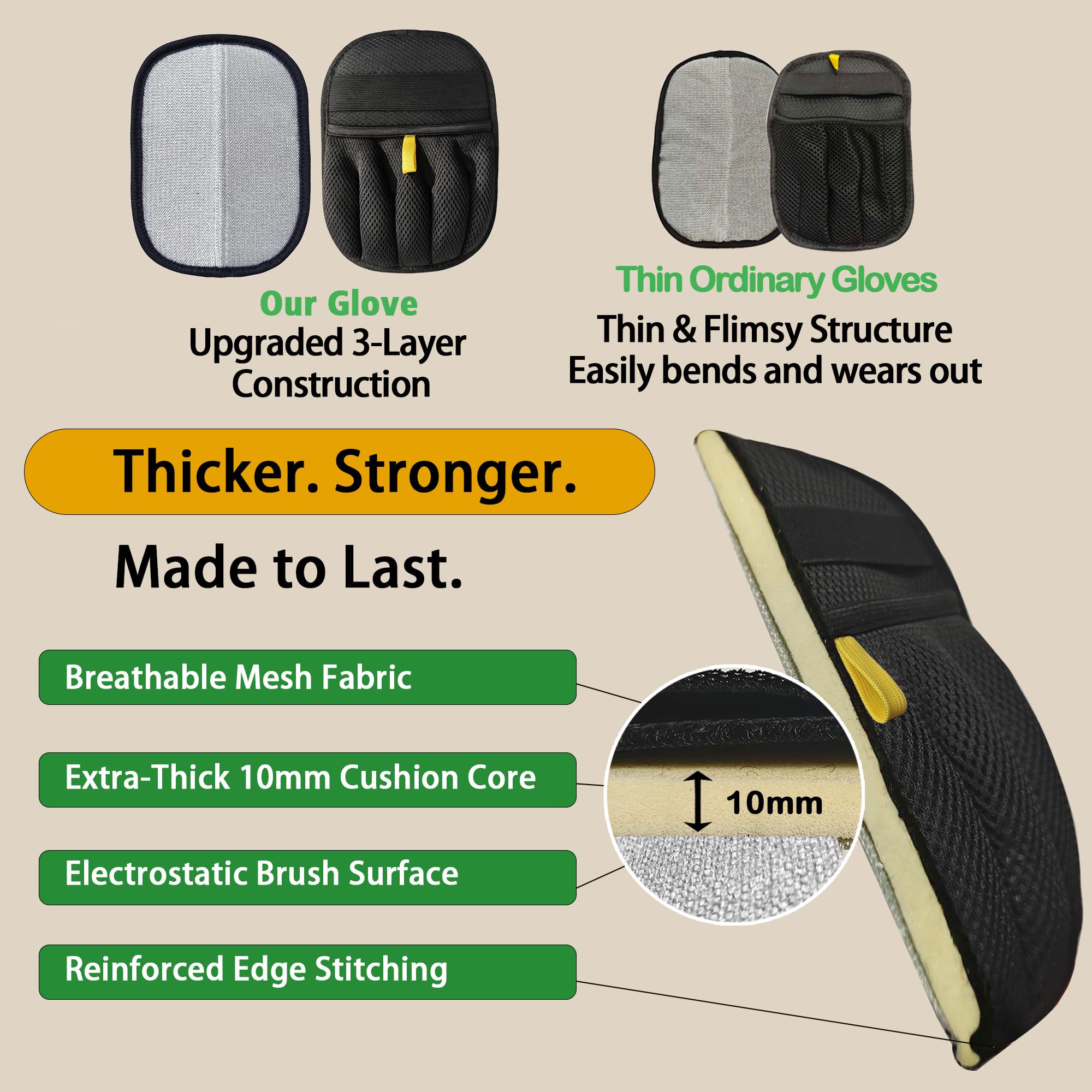 Two-way electrostatic brush gathers hair into neat clumps for fast pickup.