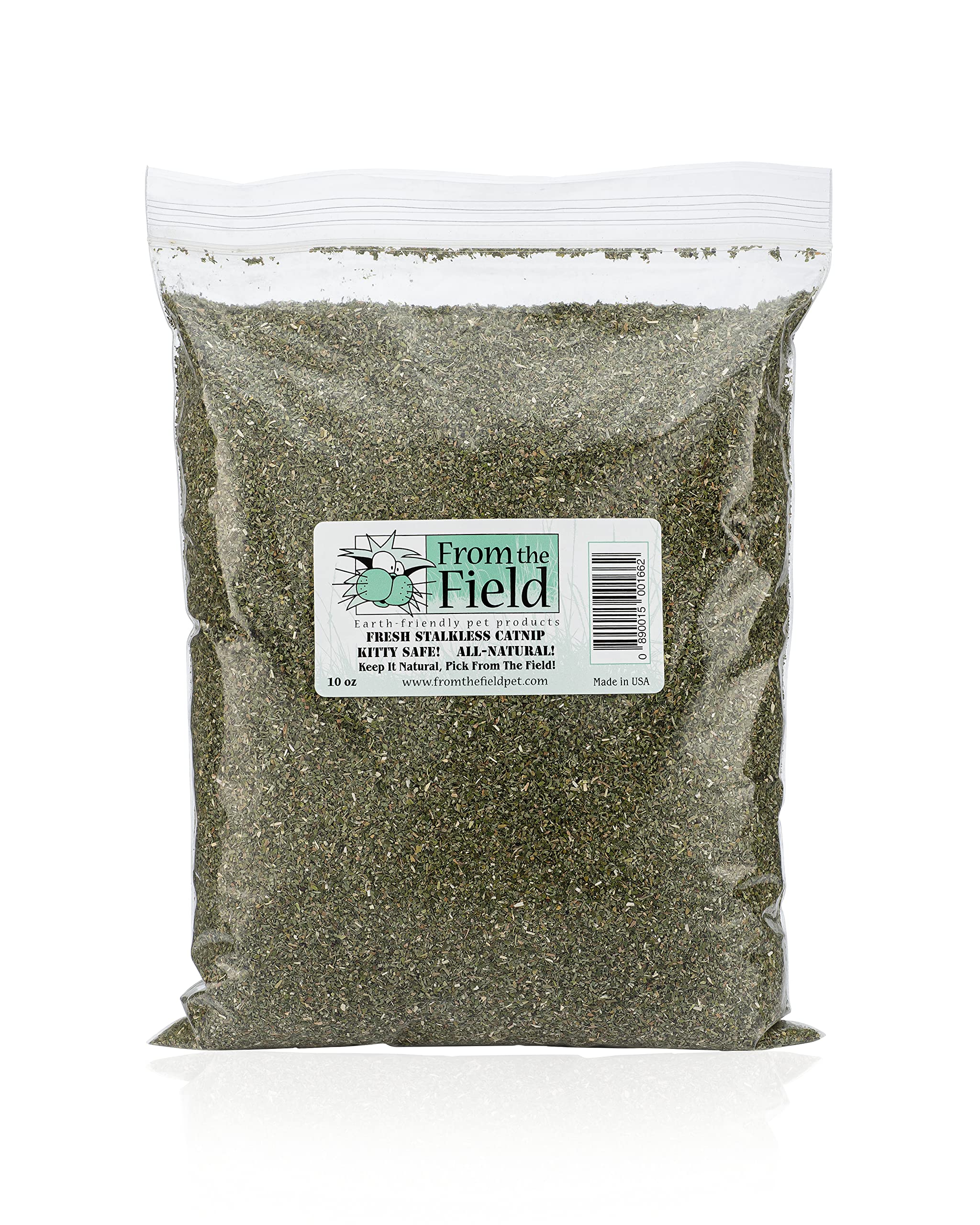 From The Field fine-ground stalkless catnip bag closeup highlighting premium texture for toy filling