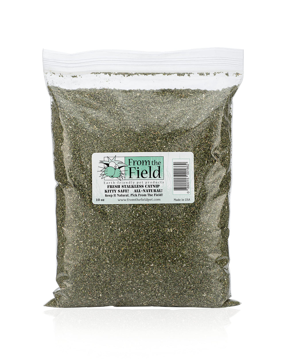 From The Field fine-ground stalkless catnip bag closeup highlighting premium texture for toy filling