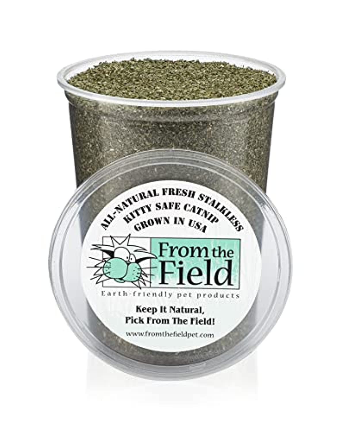 From The Field fine ground stalkless catnip in tub for easy toy filling and lasting freshness.
