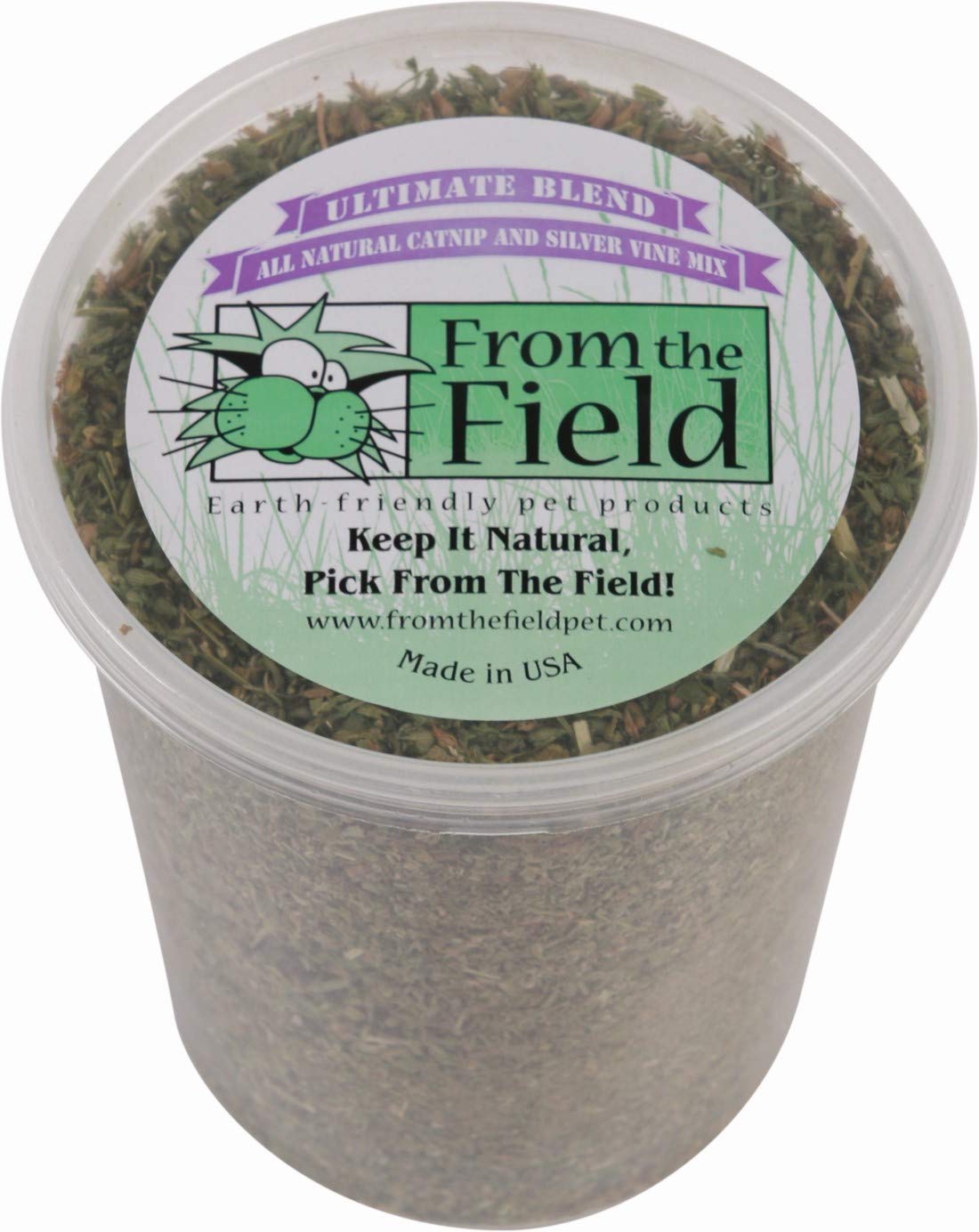From The Field Ultimate Blend bottle showing Silver Vine and catnip aroma for play