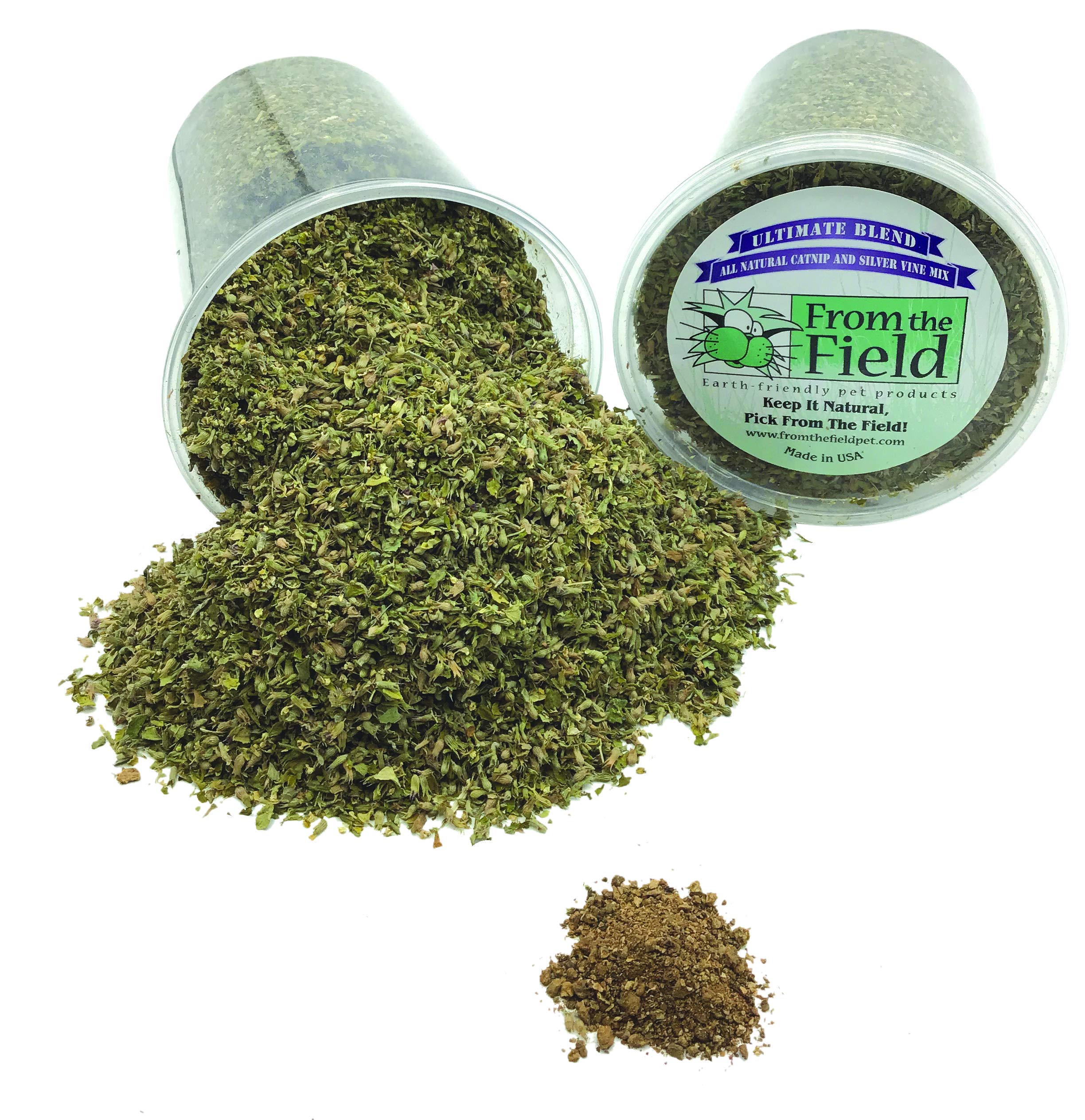 From The Field resealable tub highlighting fresh, potent catnip and Silver Vine