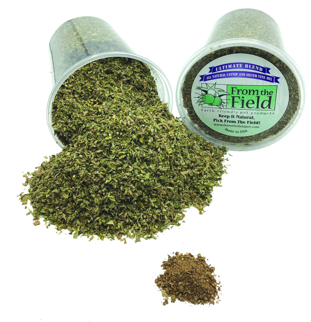 From The Field resealable tub highlighting fresh, potent catnip and Silver Vine