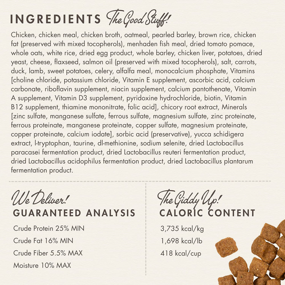 Fromm Adult Gold whole-grain mix in a bowl, fiber and complex carbohydrates.