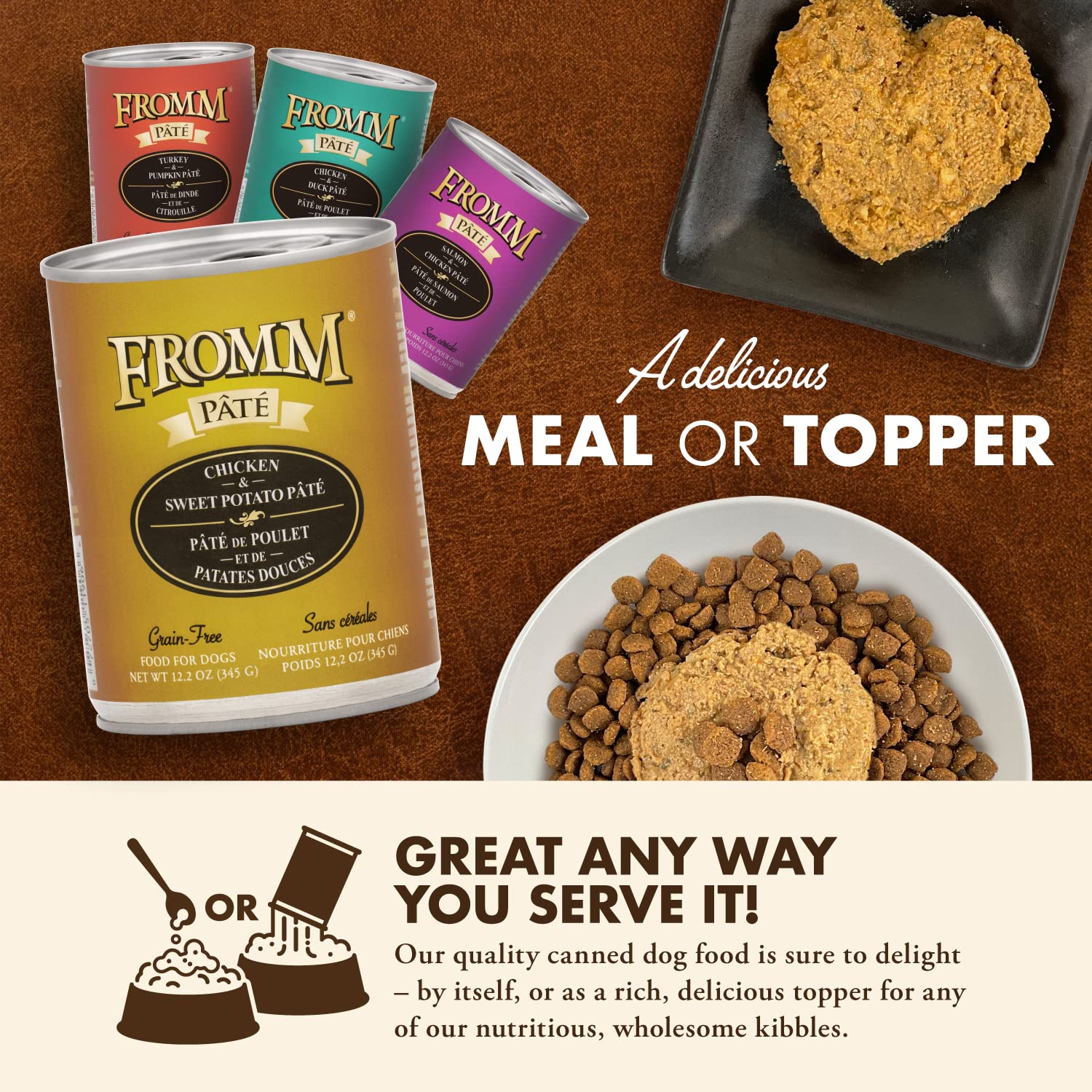 Serving bowl with Fromm pate inviting mealtime aroma