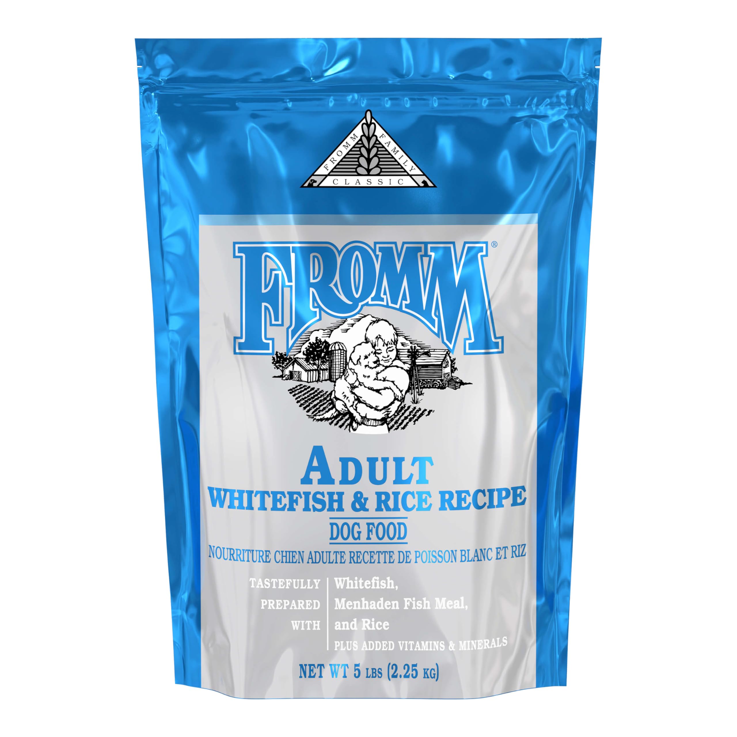 Fromm Classic Adult Whitefish & Rice bag on shelf, protein-rich formula for active dogs