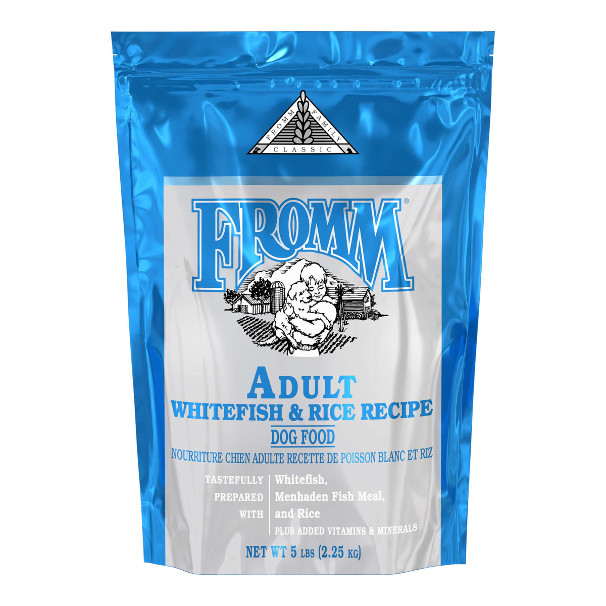 Fromm Classic Adult Whitefish & Rice bag on shelf, protein-rich formula for active dogs
