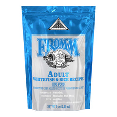 Fromm Classic Adult Whitefish & Rice bag on shelf, protein-rich formula for active dogs