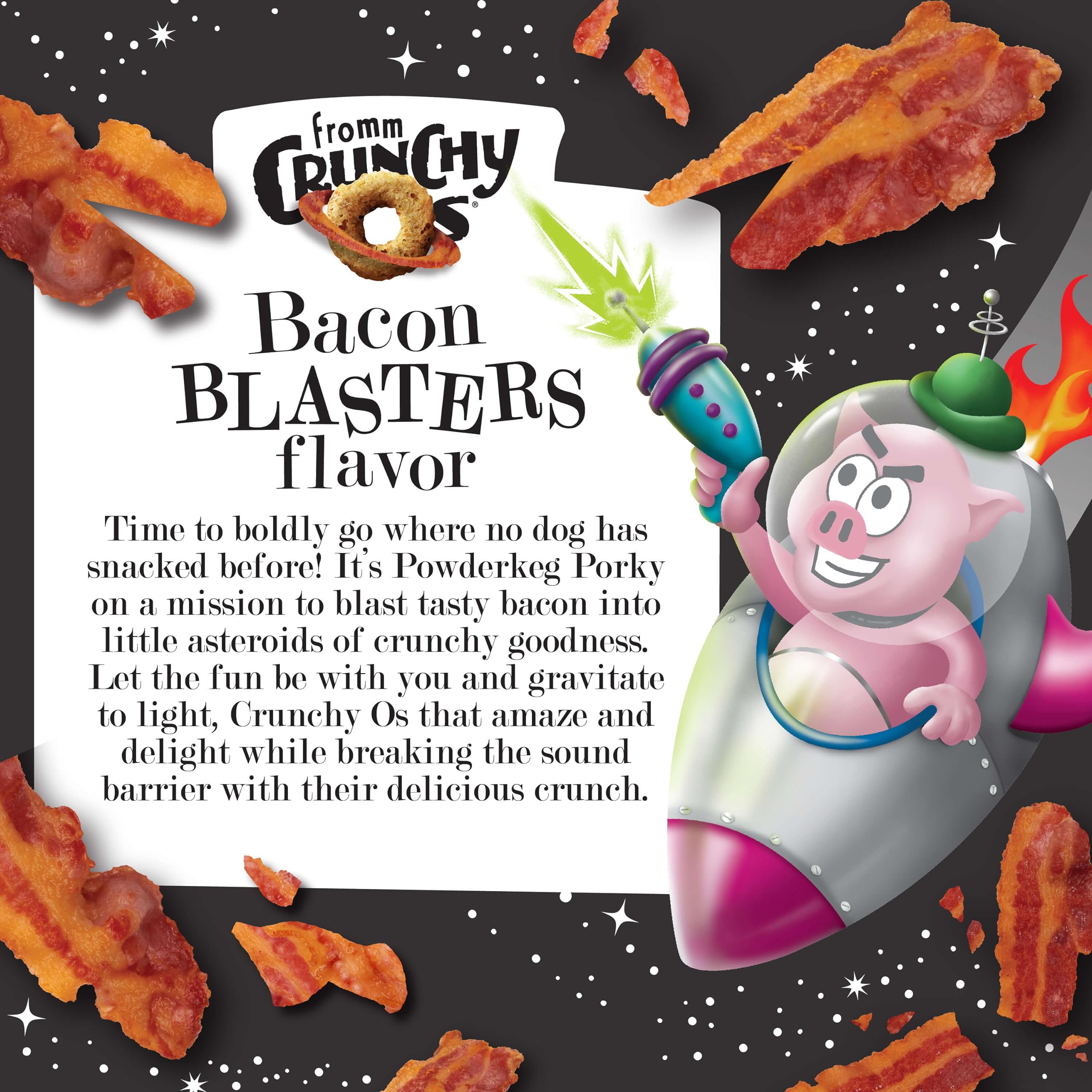 Fromm Crunchy Os Bacon Blasters snack time image conveys quick bites for busy families