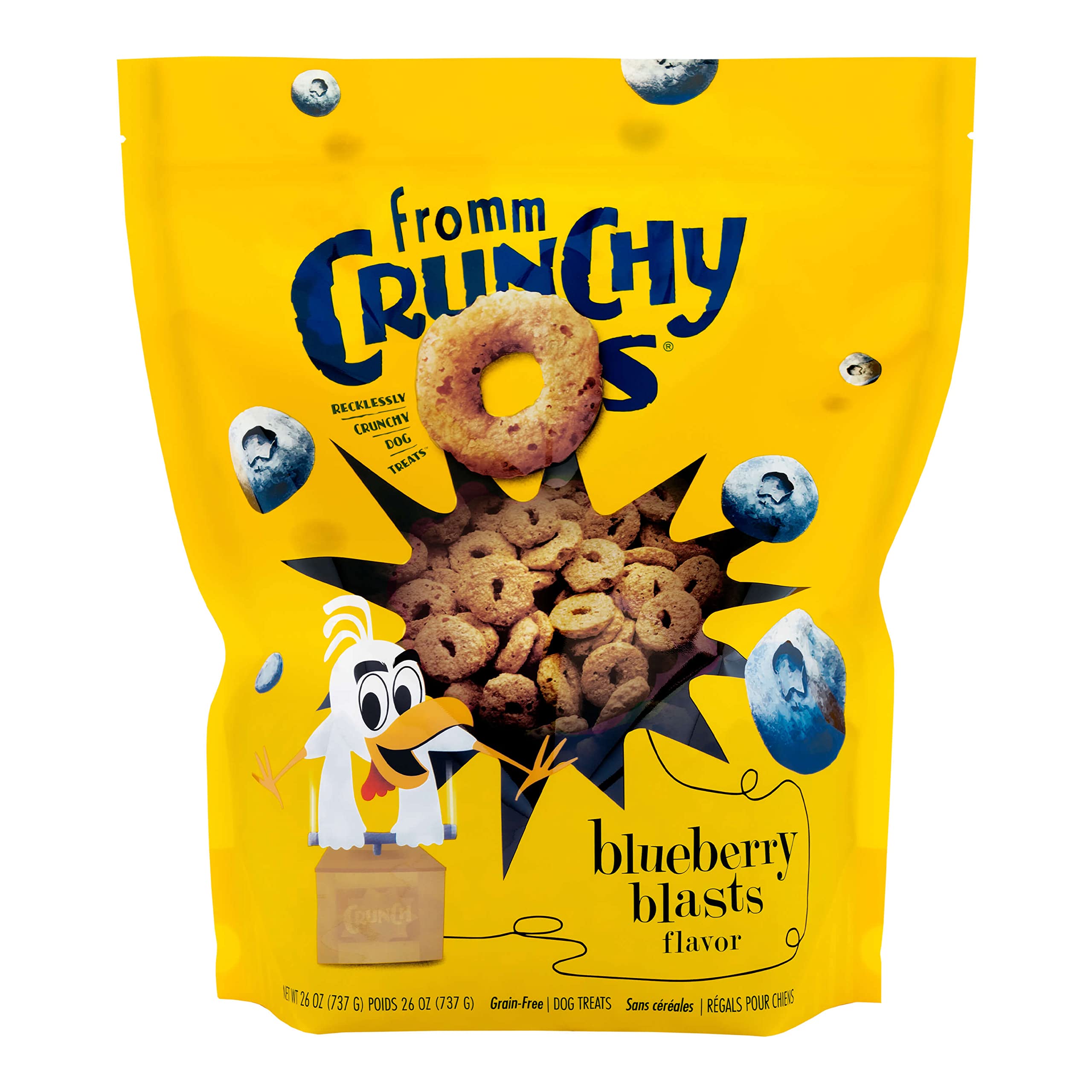 Fromm Crunchy Os Blueberry Blasts bag front; ideal training reward for dogs.