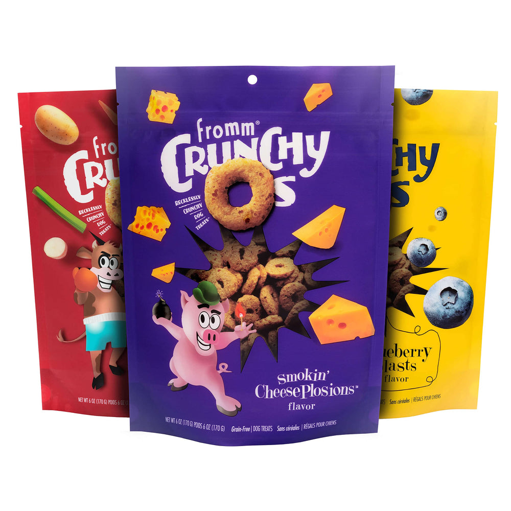 Fromm Crunchy Os Blueberry Blasts chicken bag showing flavor and crunch for dogs.