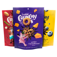 Fromm Crunchy Os Blueberry Blasts chicken bag showing flavor and crunch for dogs.