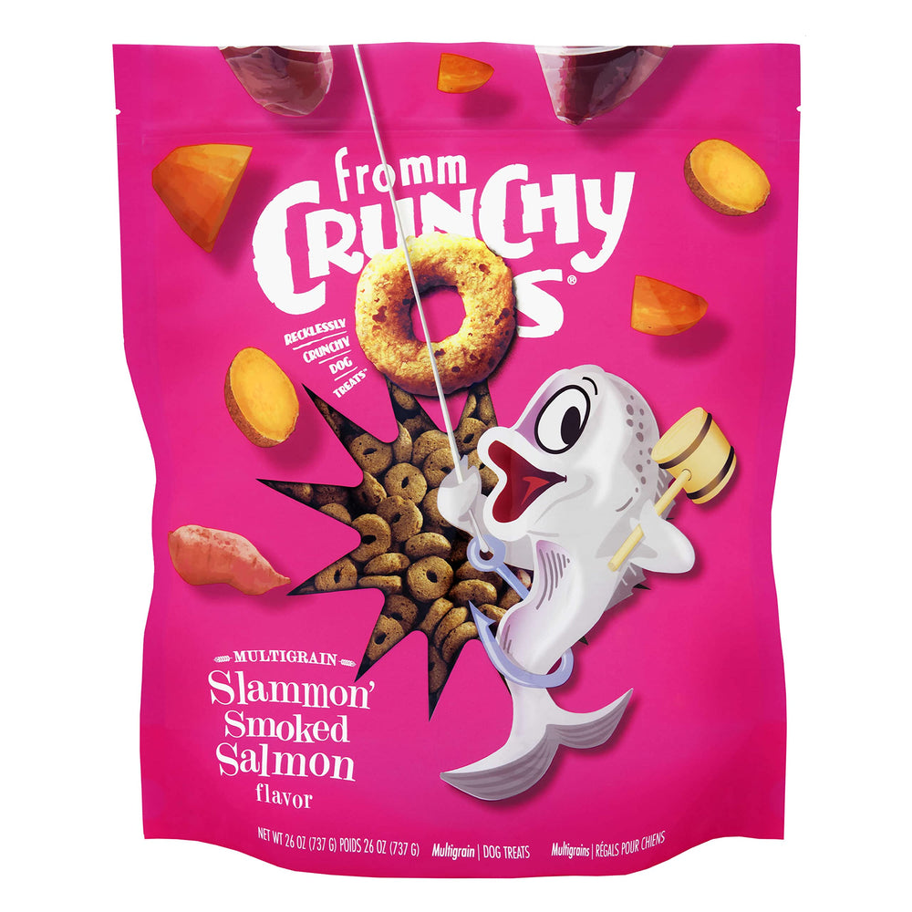 Fromm Crunchy Os Slammon' smoked salmon dog treats bag front showing the product and branding.