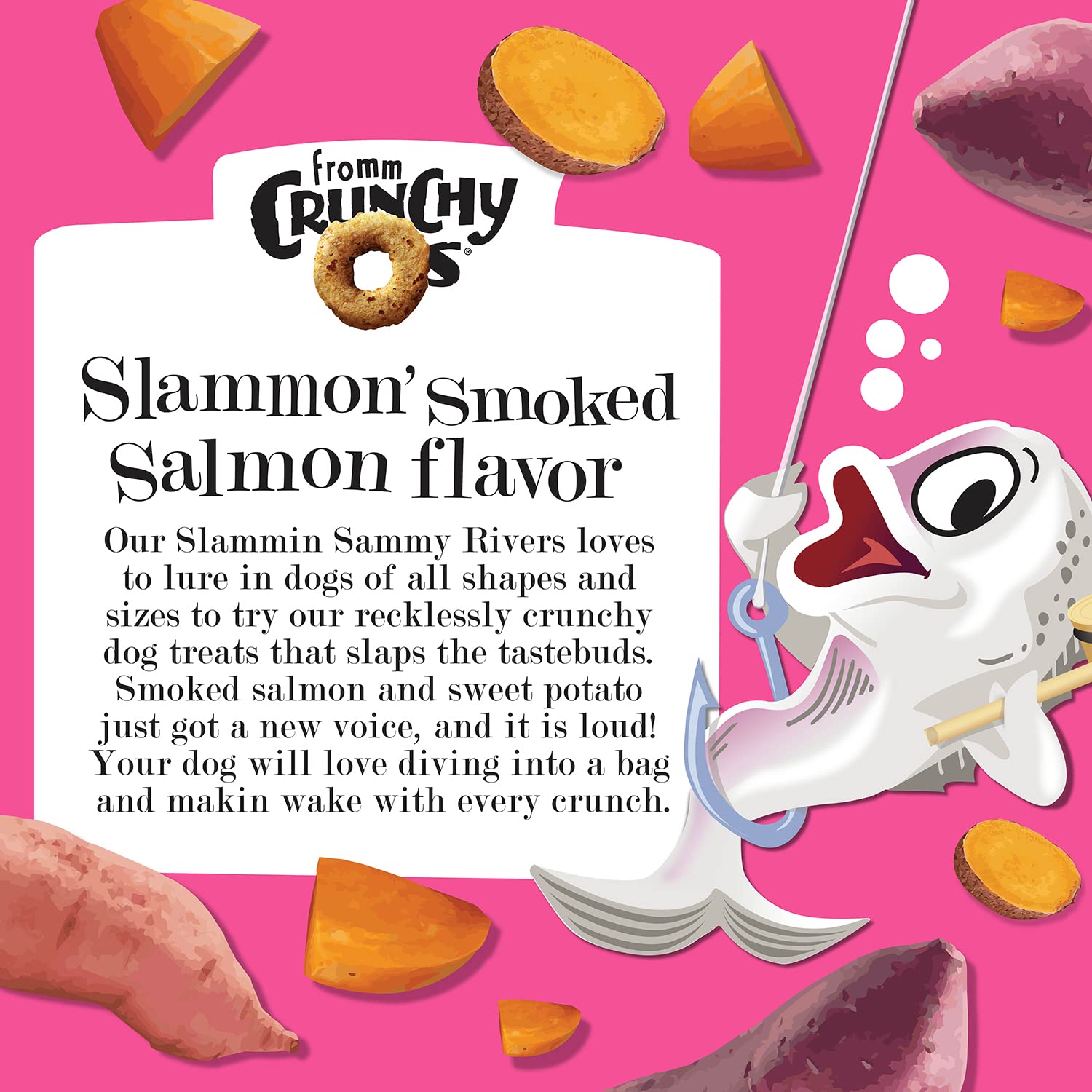 Small treat size from Fromm Slammon' salmon recipe, two calories per piece.