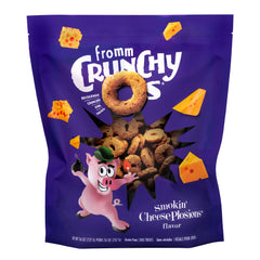 Fromm Crunchy Os Smokin' CheesePlosions bag front shows premium pork recipe for training rewards.