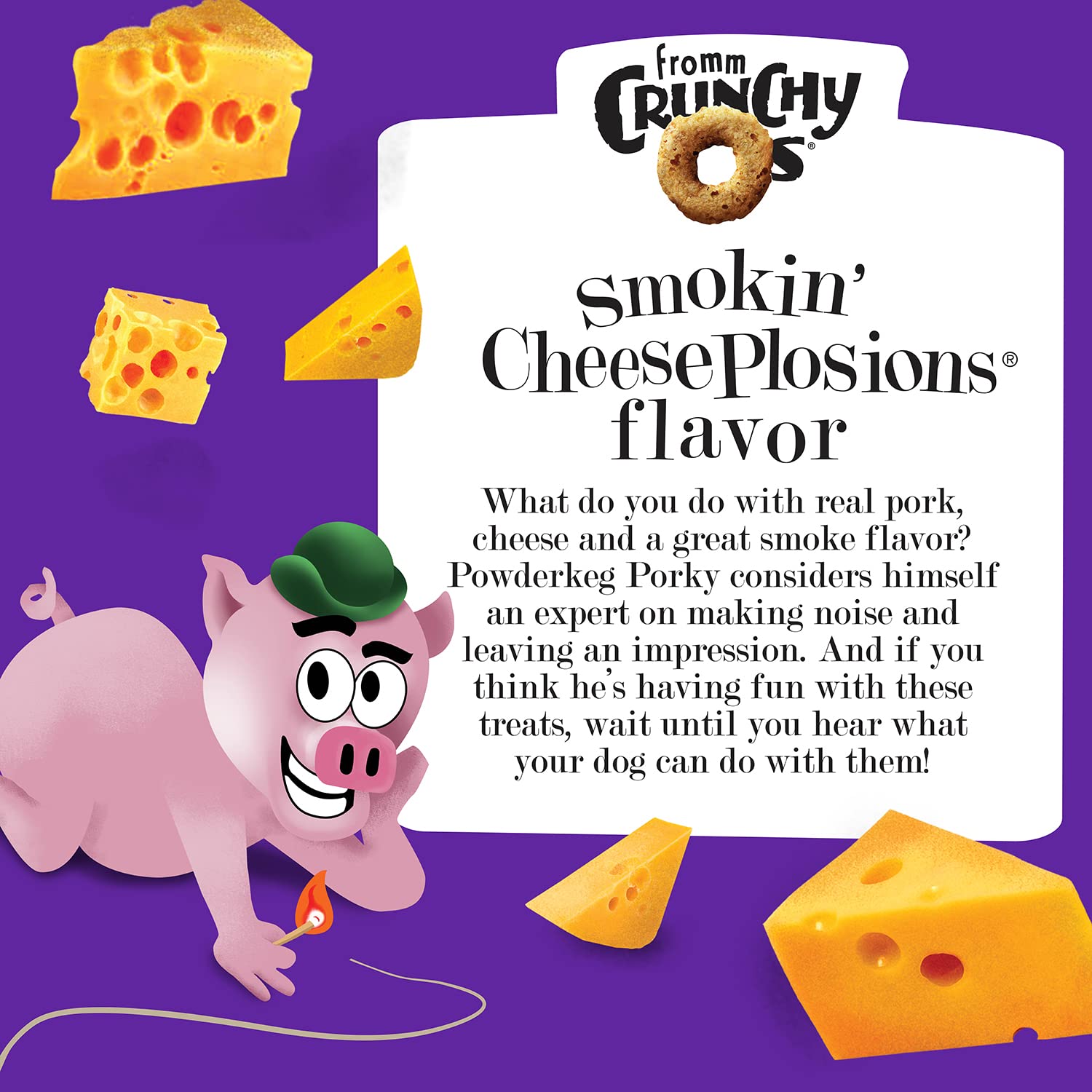 Fromm Crunchy Os Smokin' CheesePlosions dog enjoying treat during playtime.