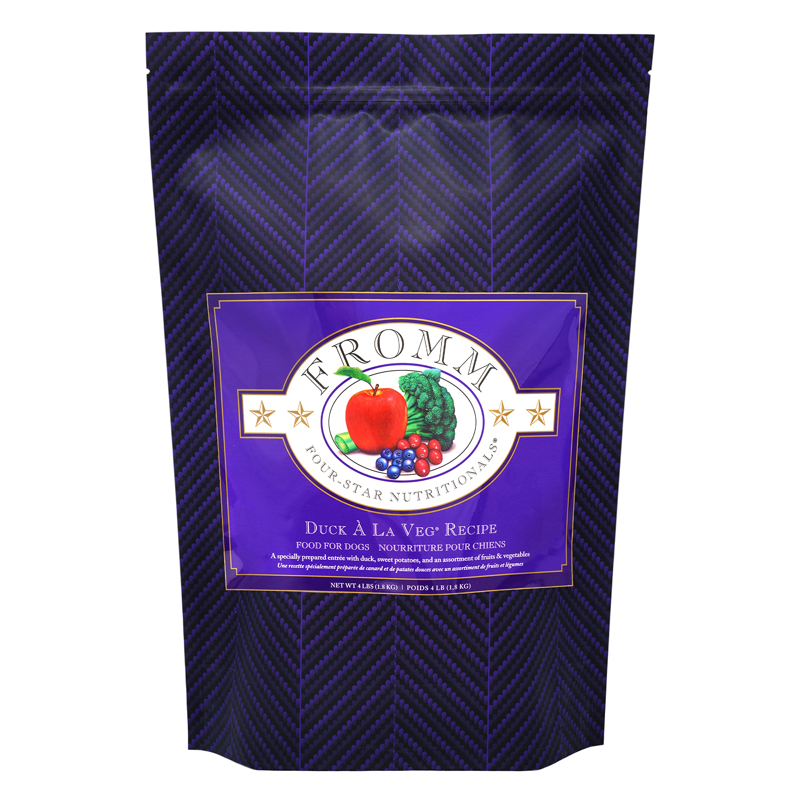 Fromm Duck A La Veg dry dog food bag highlights premium all-life-stages recipe.