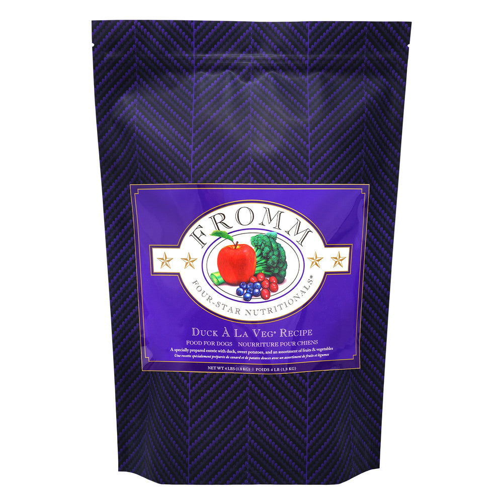 Fromm Duck A La Veg dry dog food bag highlights premium all-life-stages recipe.