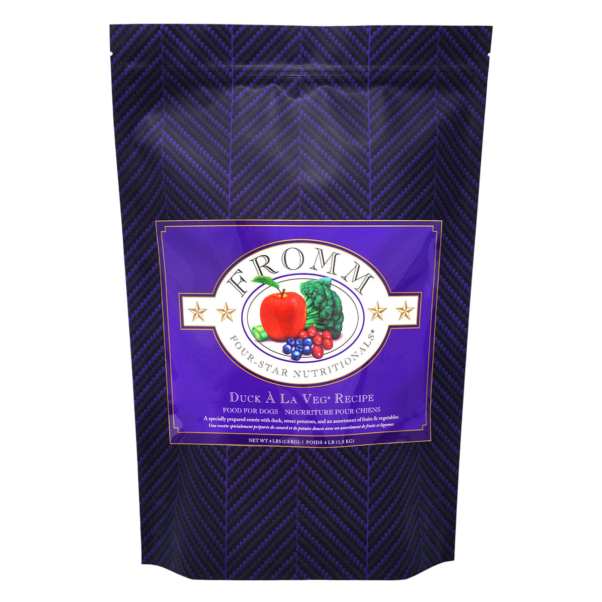 Fromm Duck A La Veg dry dog food bag highlights premium all-life-stages recipe.