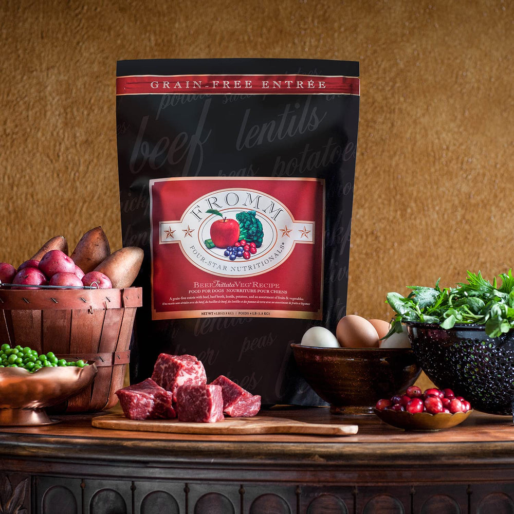 Fromm Four-Star Beef Frittata Veg Dog Food serving idea features beef broth and lentils.