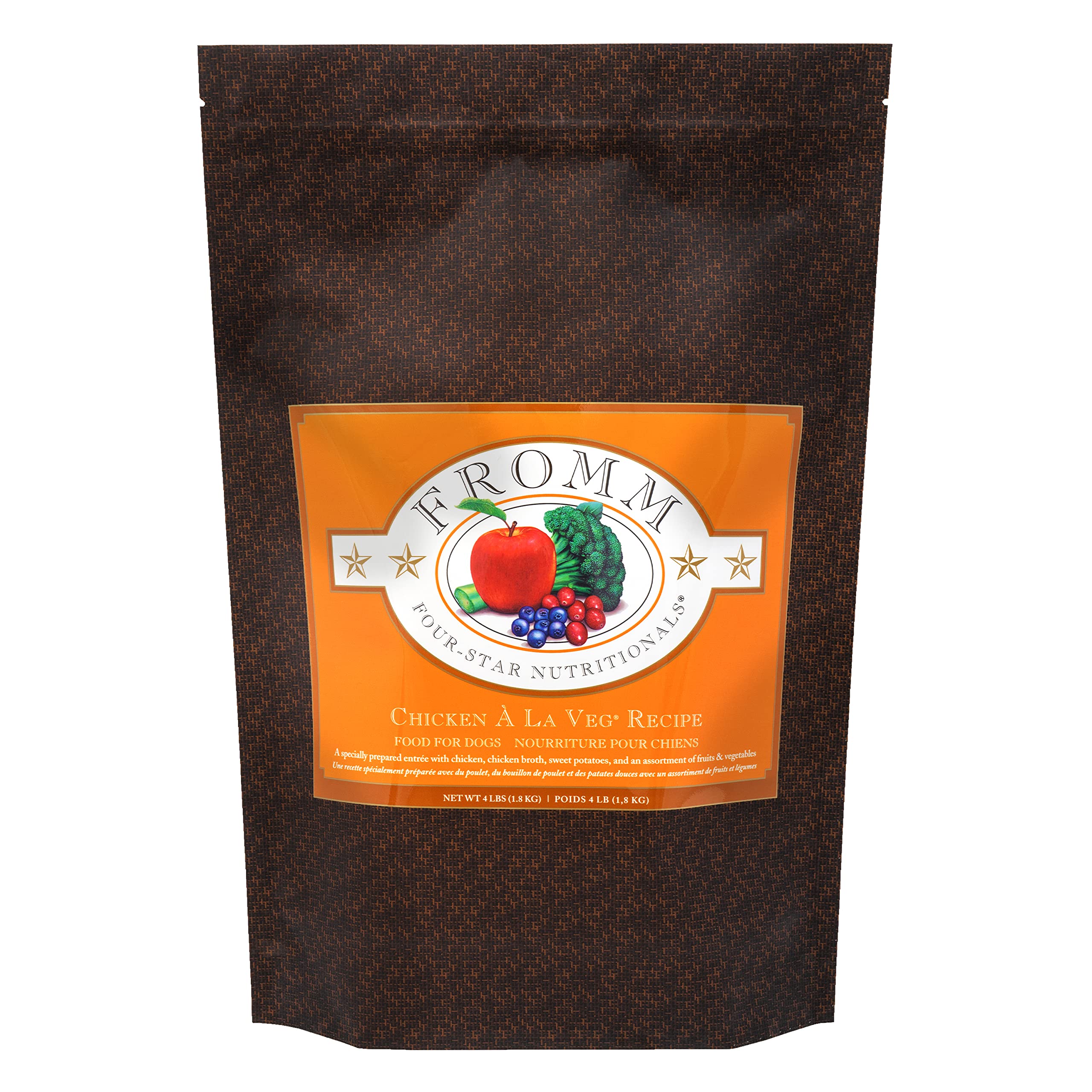 Fromm Four-Star Chicken A La Veg bag closeup highlights premium kibble quality for dogs.