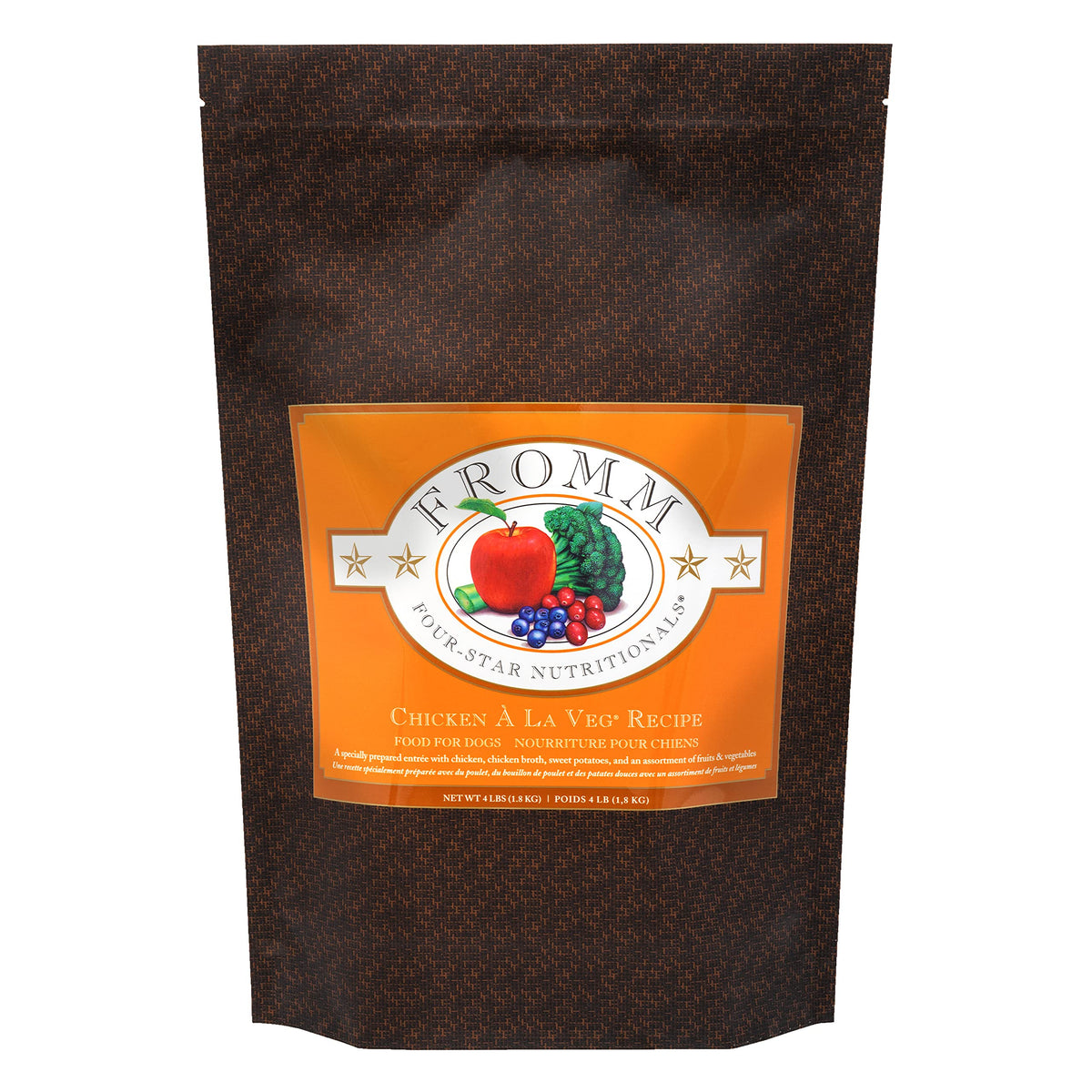 Fromm Four-Star Chicken A La Veg bag closeup highlights premium kibble quality for dogs.