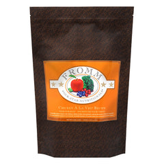 Fromm Four-Star Chicken A La Veg bag closeup highlights premium kibble quality for dogs.