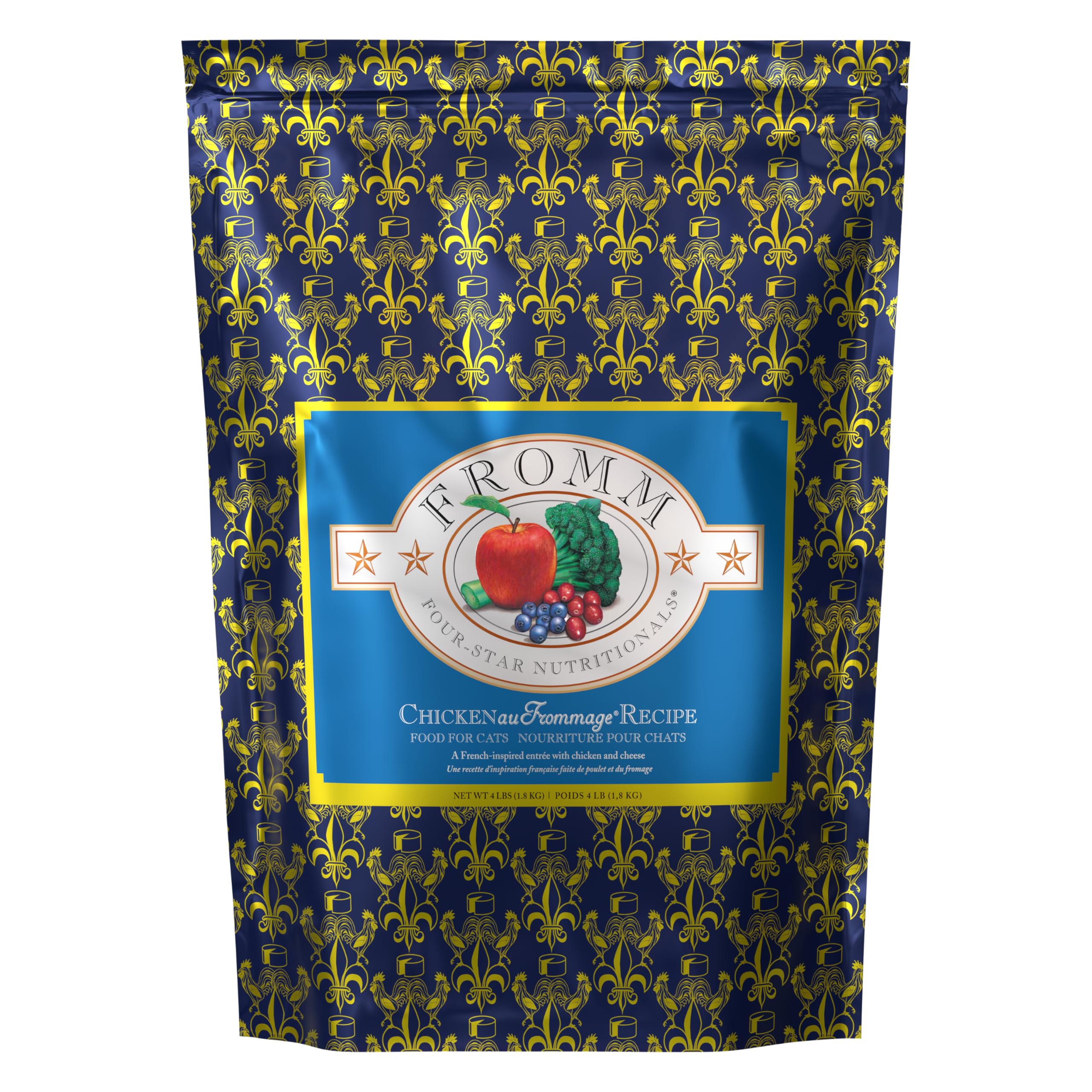 Fromm Four-Star Chicken Au Frommage bag of premium dry cat food for all life stages.