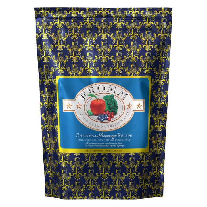 Fromm Four-Star Chicken Au Frommage bag of premium dry cat food for all life stages.