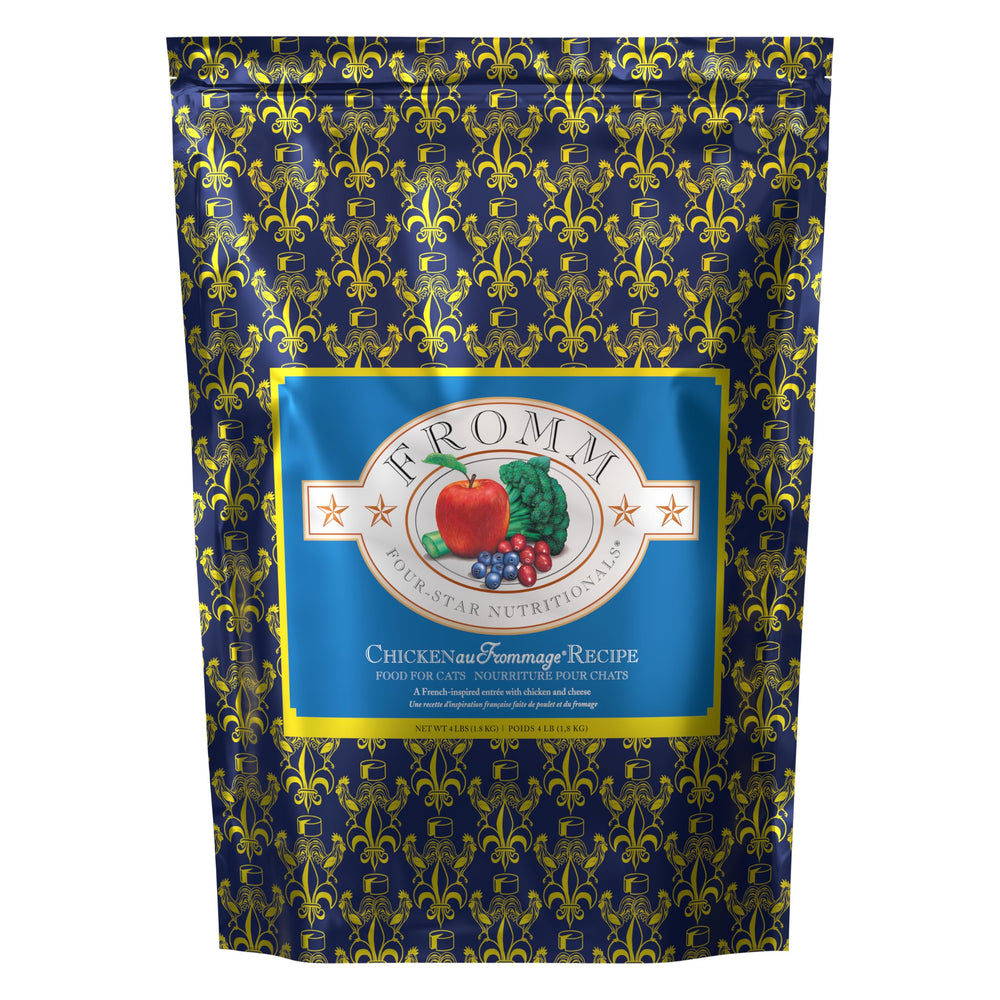 Fromm Four-Star Chicken Au Frommage bag of premium dry cat food for all life stages.