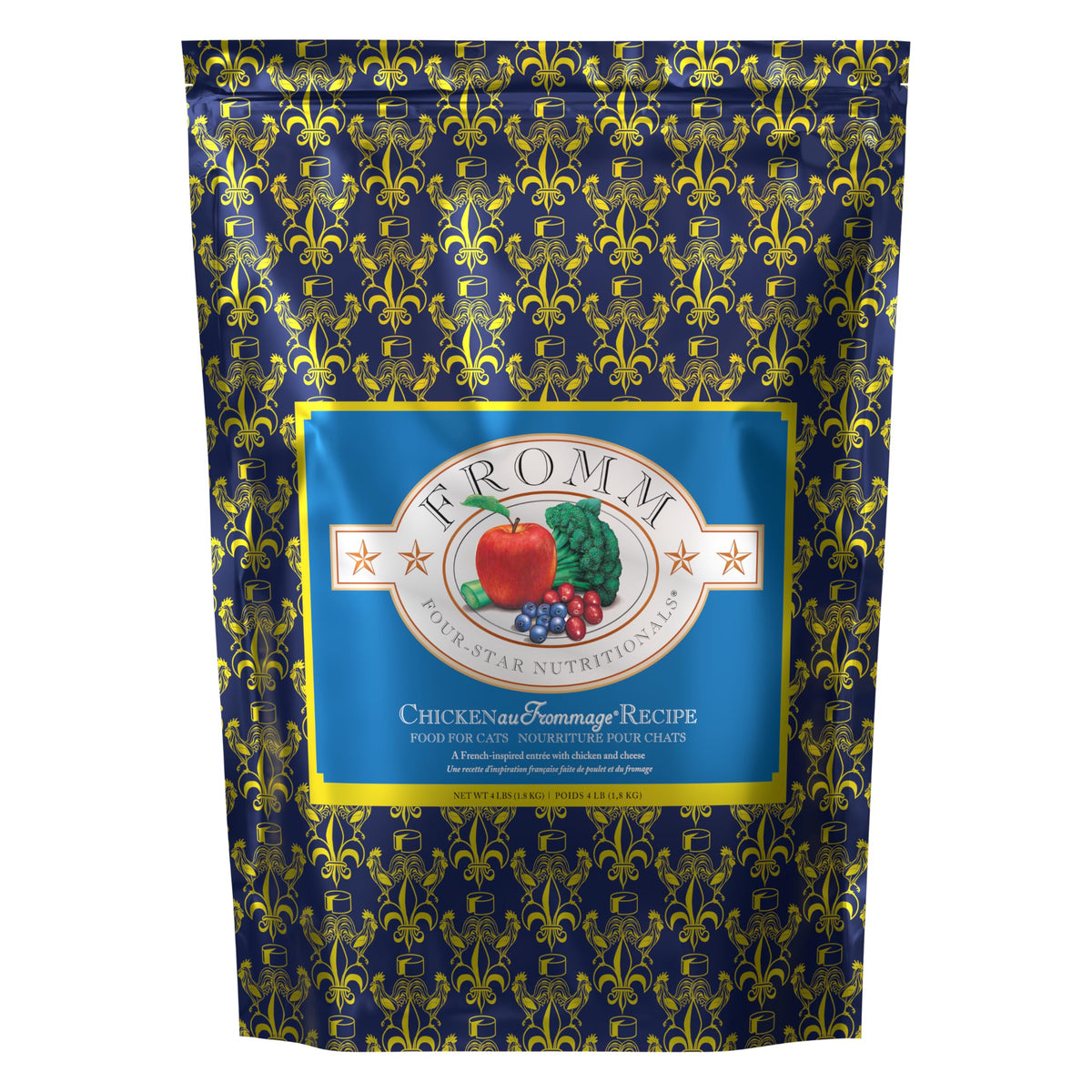 Fromm Four-Star Chicken Au Frommage bag of premium dry cat food for all life stages.