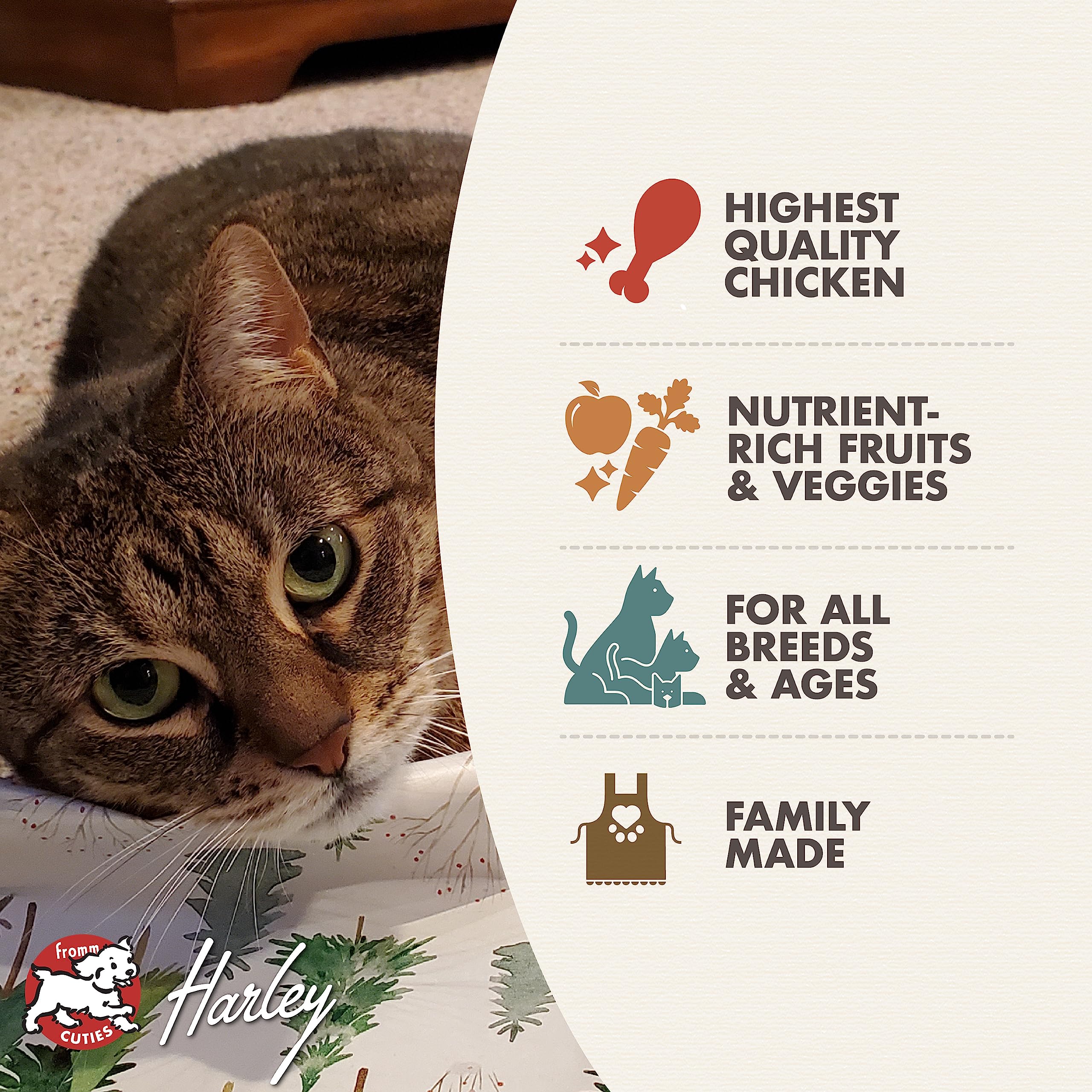 Fromm Four-Star Chicken Au Frommage cat eating bowl shows palatable kibble in meals.