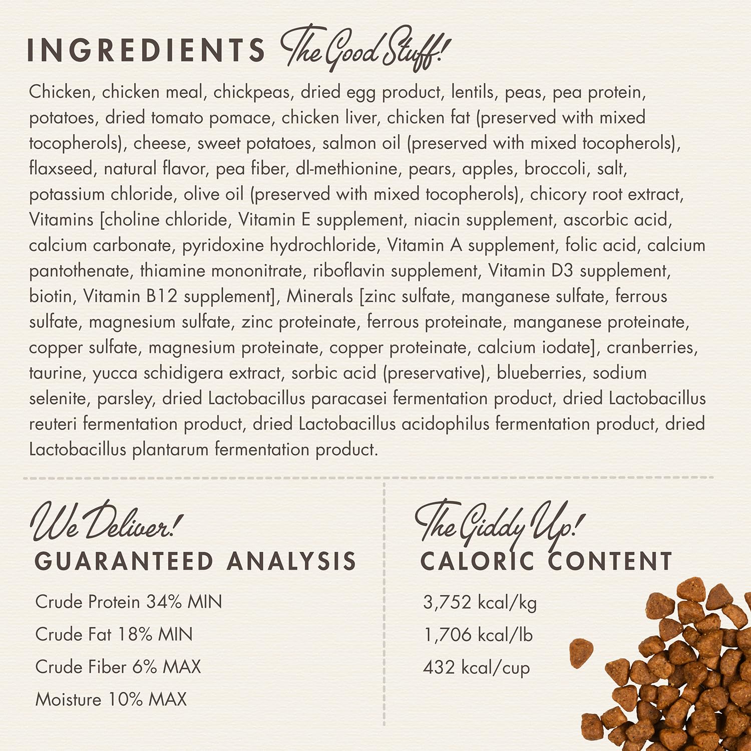 Fromm Four-Star ingredients close-up features chicken, vegetables, and fruits for balanced bites.
