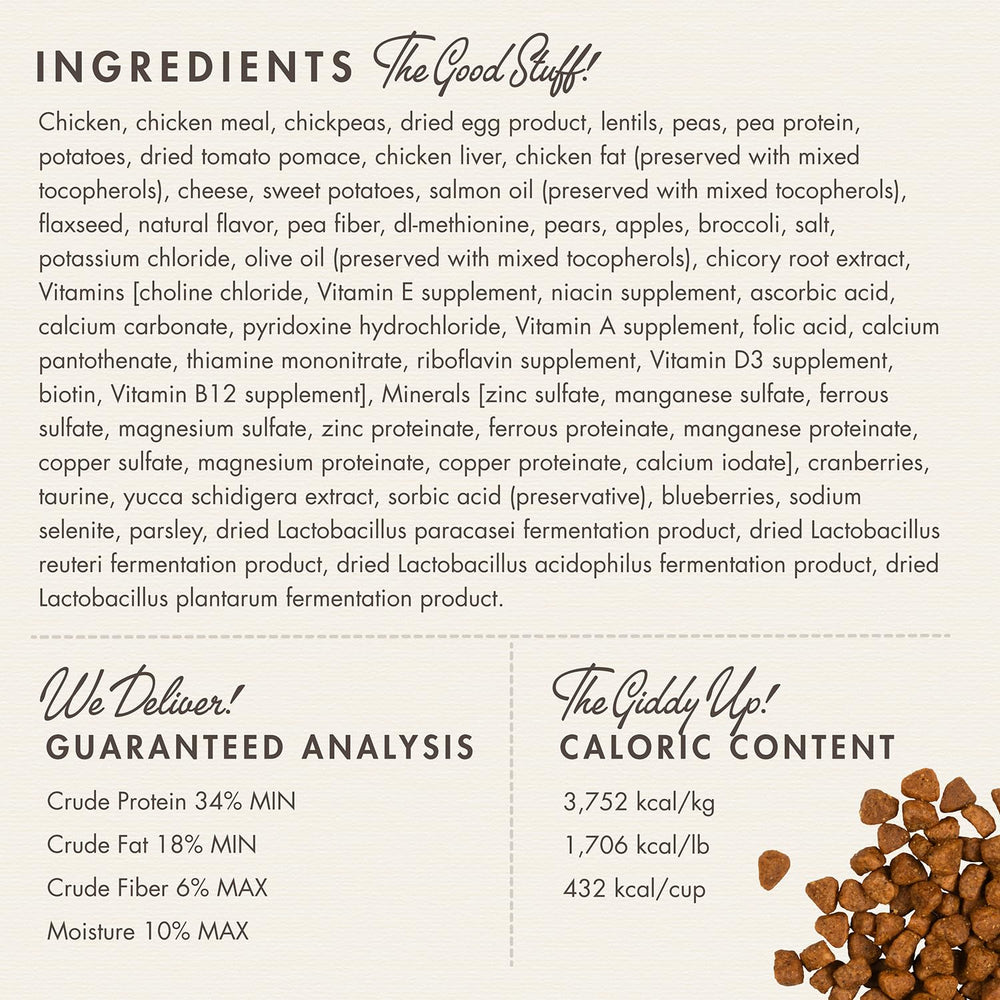 Fromm Four-Star ingredients close-up features chicken, vegetables, and fruits for balanced bites.