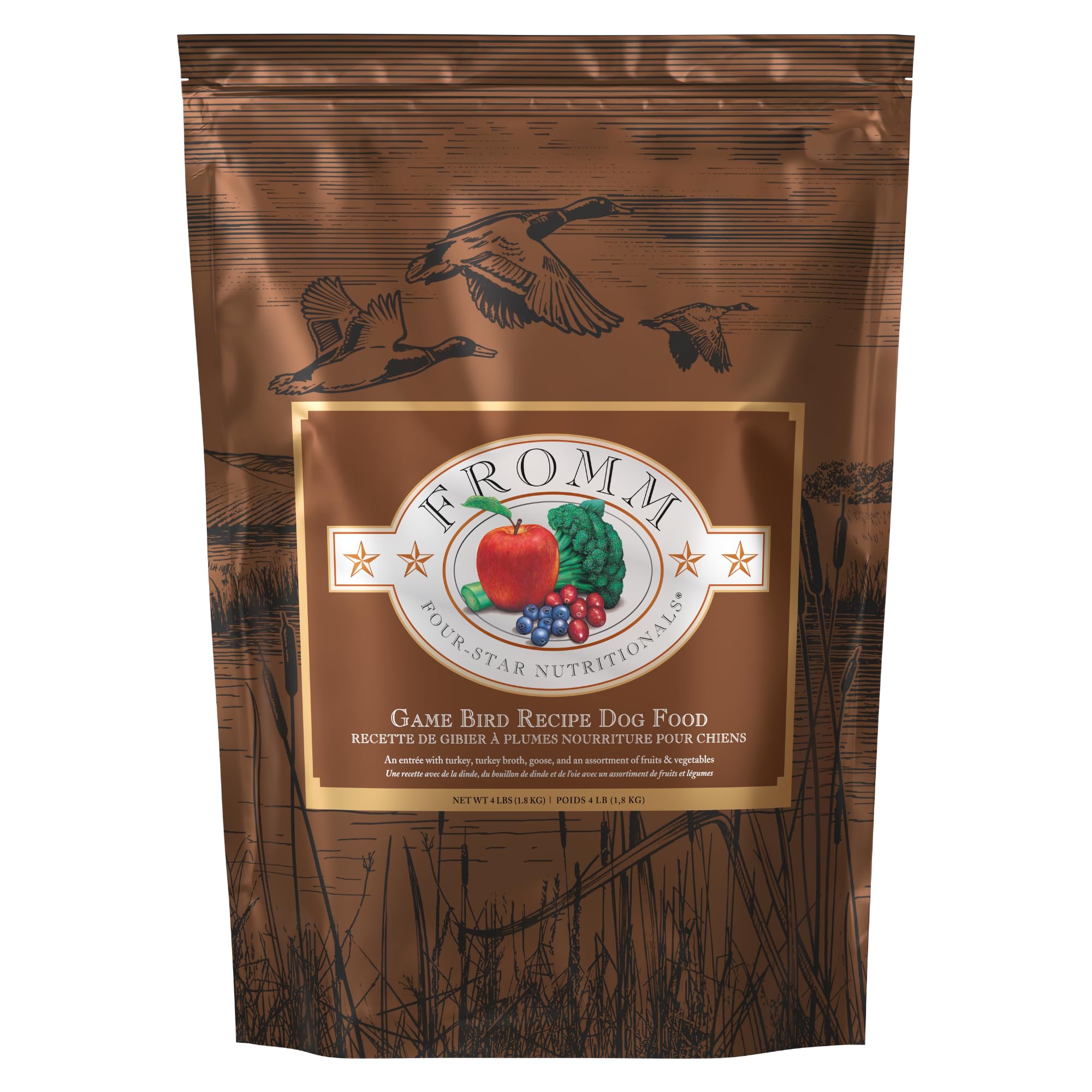 Fromm Four-Star Game Bird dog food bag featuring turkey recipe for all life stages