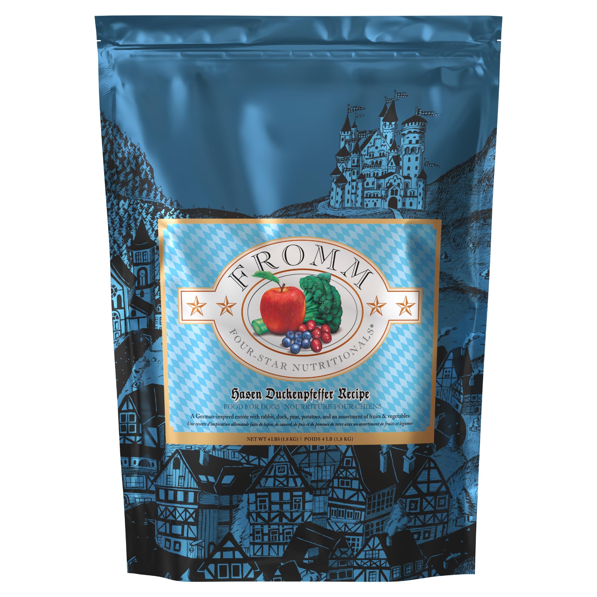 Fromm Hasen Duckenpfeffer dog food bag highlighting premium rabbit and duck protein.