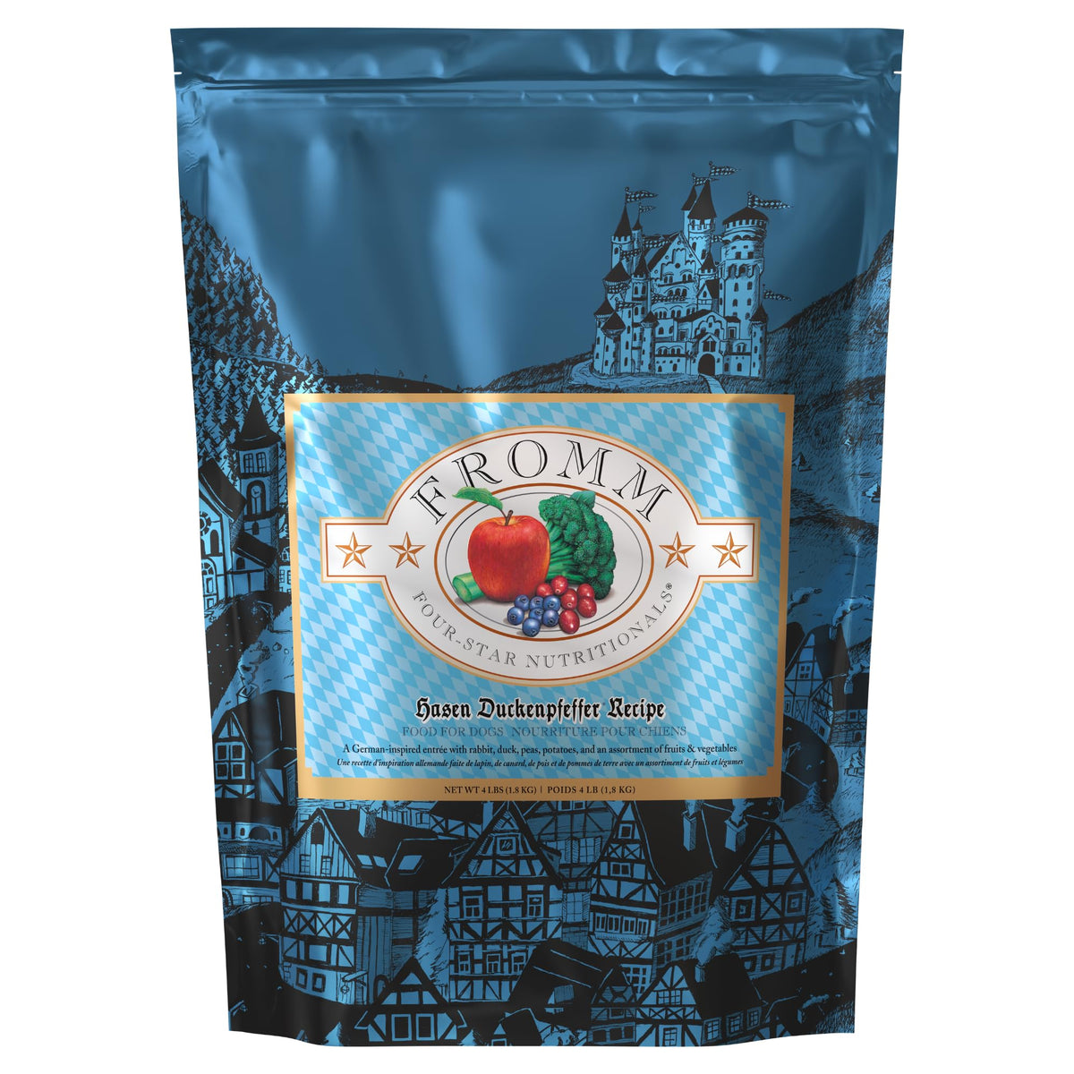 Fromm Hasen Duckenpfeffer dog food bag highlighting premium rabbit and duck protein.