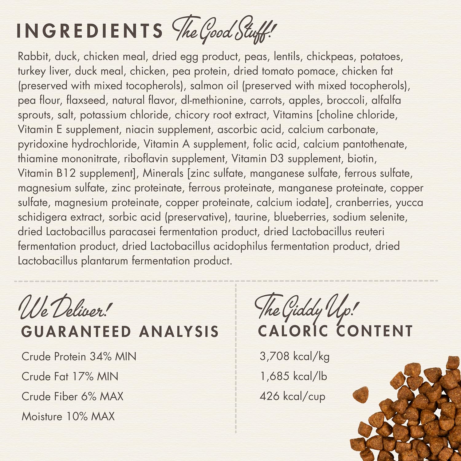Fromm Hasen Duckenpfeffer kibble closeup emphasizing rabbit and duck protein quality.