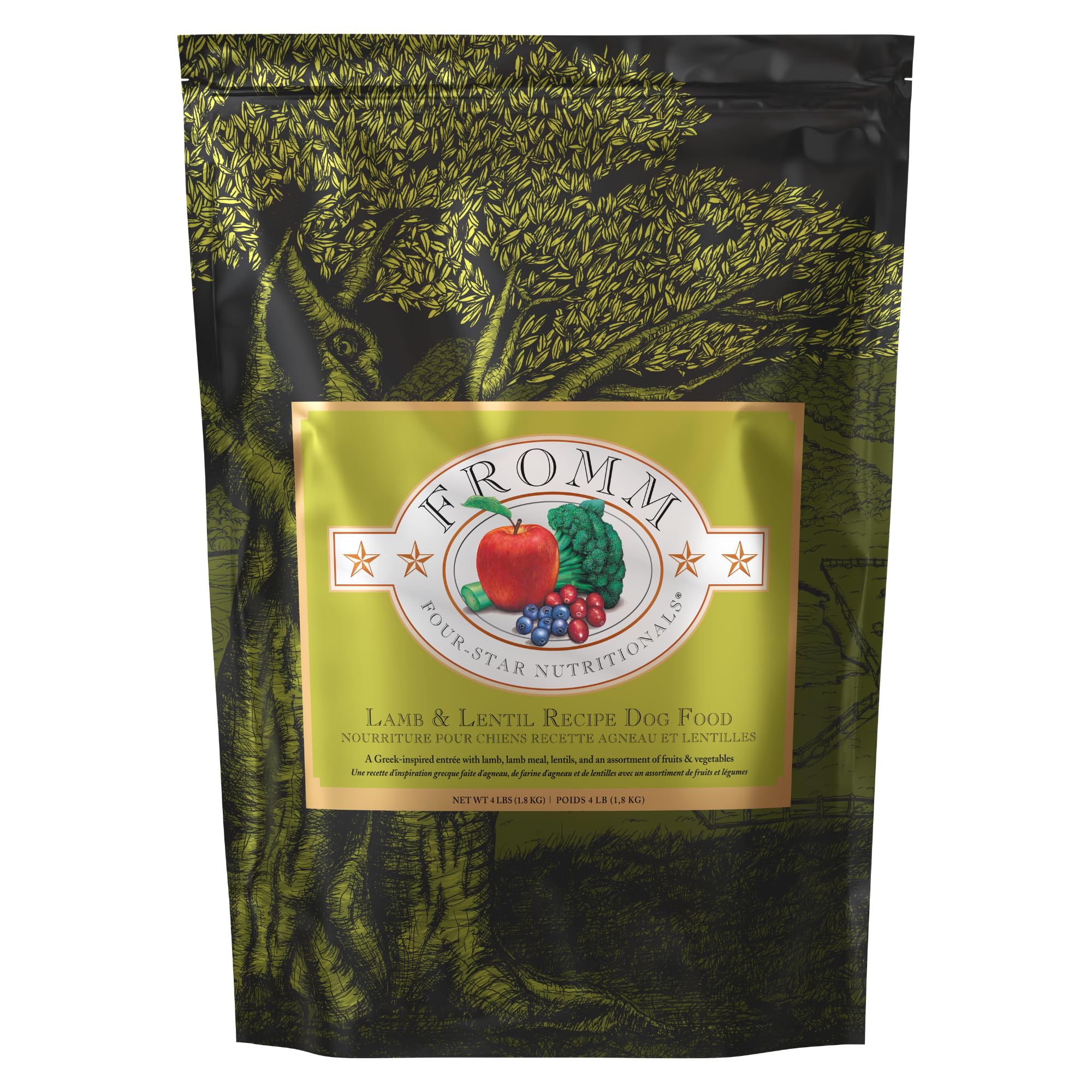 Fromm Four-Star Lamb & Lentil dog food bag suitable for all life stages.