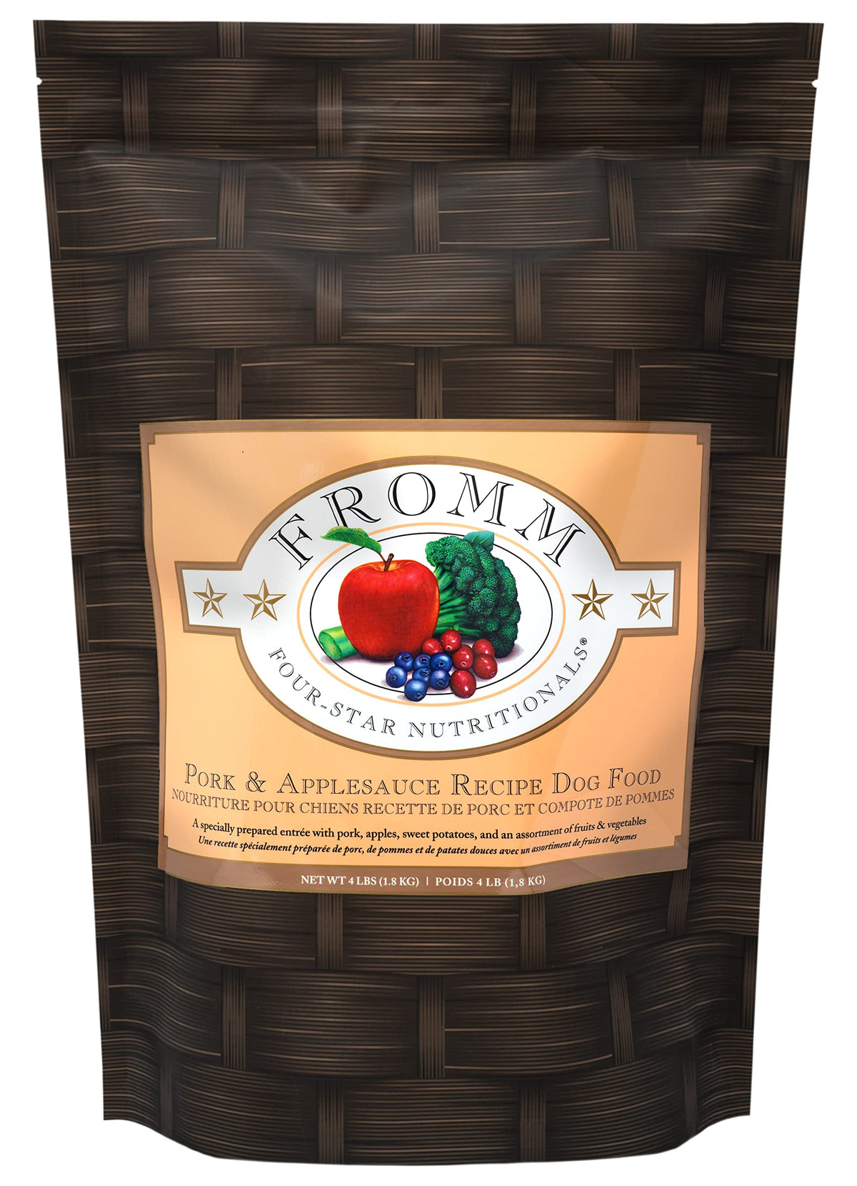 Fromm Four-Star Pork & Applesauce bag highlighting premium pork for digestibility across life stages.