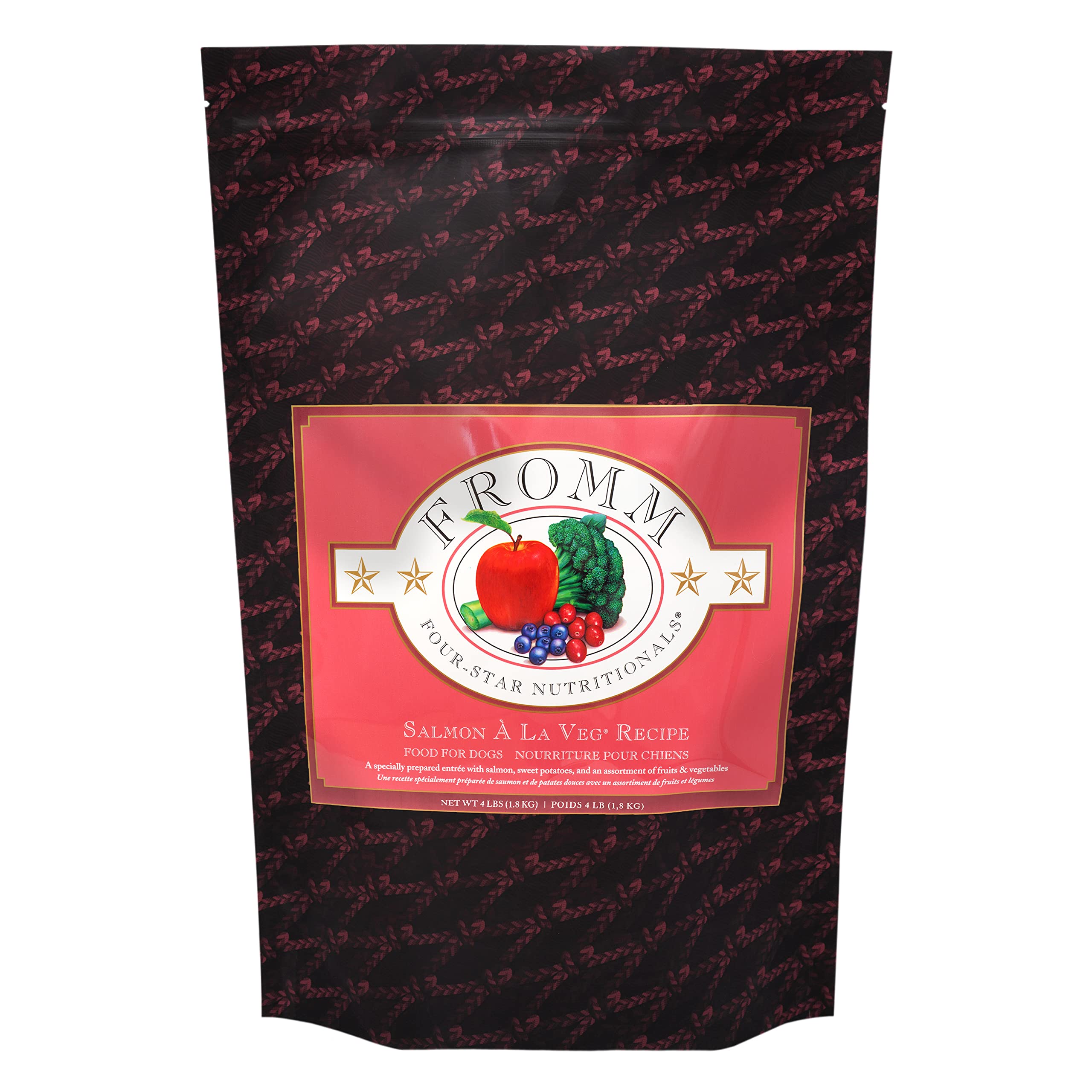 Fromm Four-Star Salmon A La Veg dry dog food bag showcases premium kibble for all life stages.